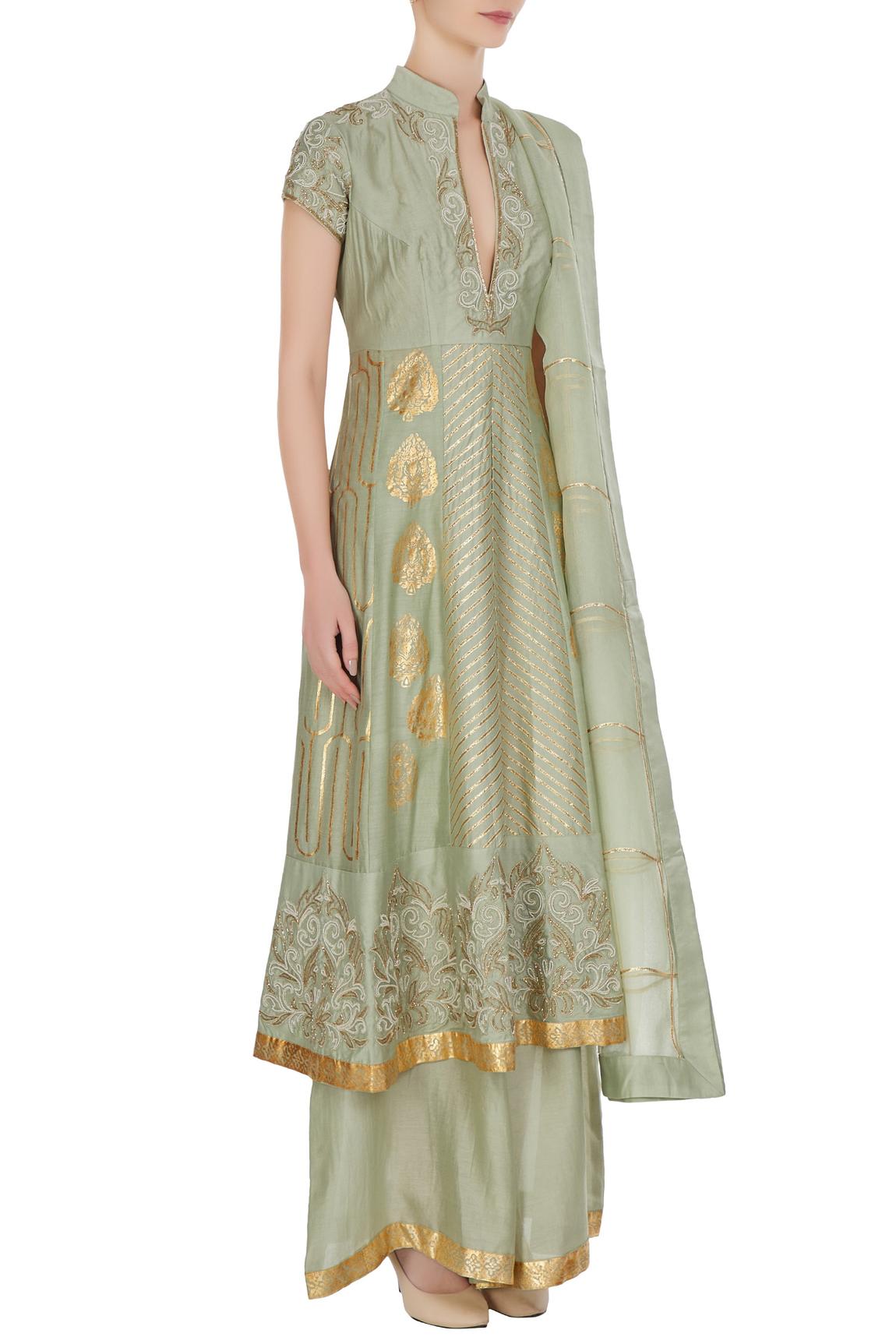 Green Gota Embroidered And Cutdana Anarkali Set