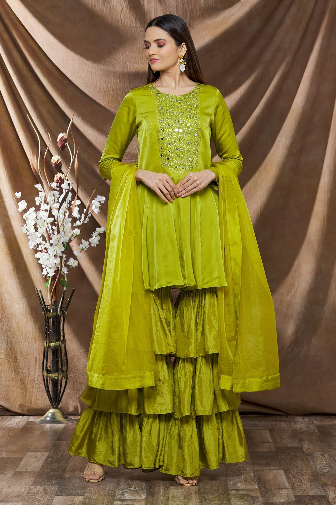 Green Organza Embroidered Kurta Gharara Set