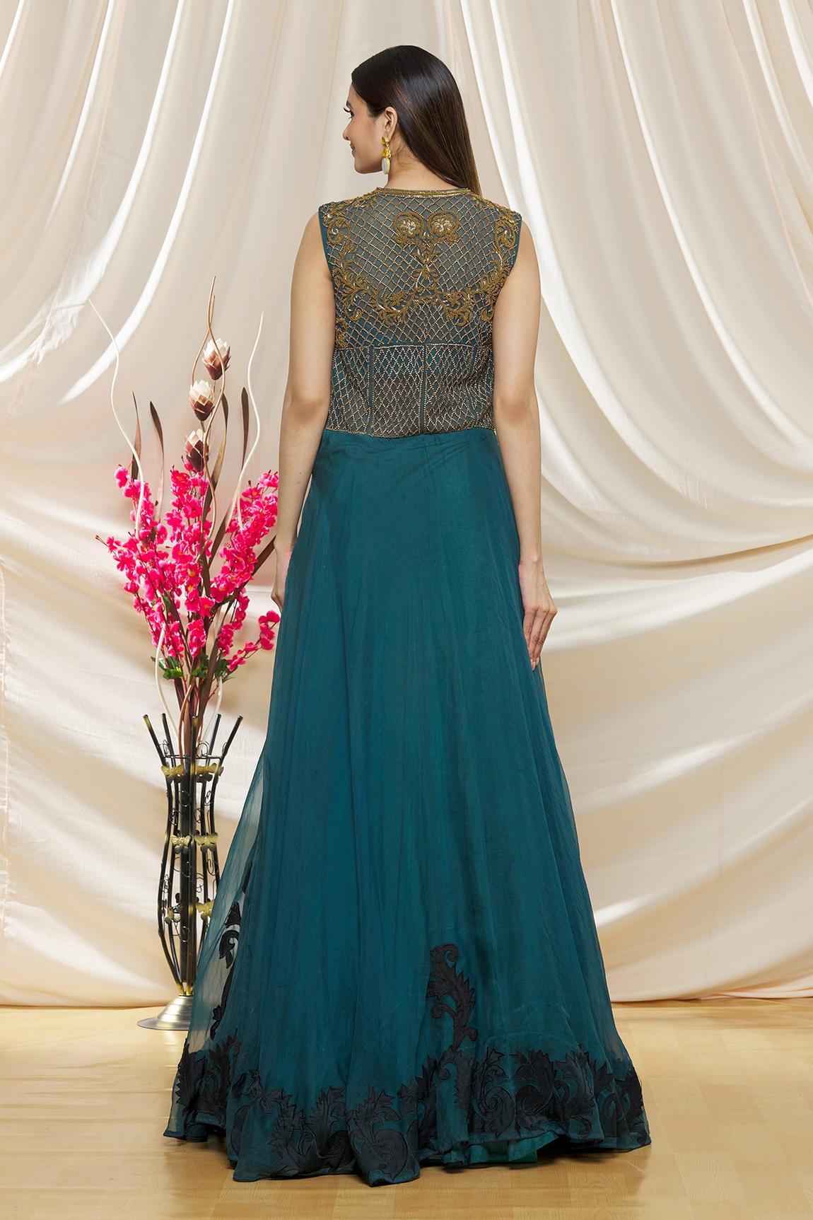 Green Organza Floral Embroidered Gown