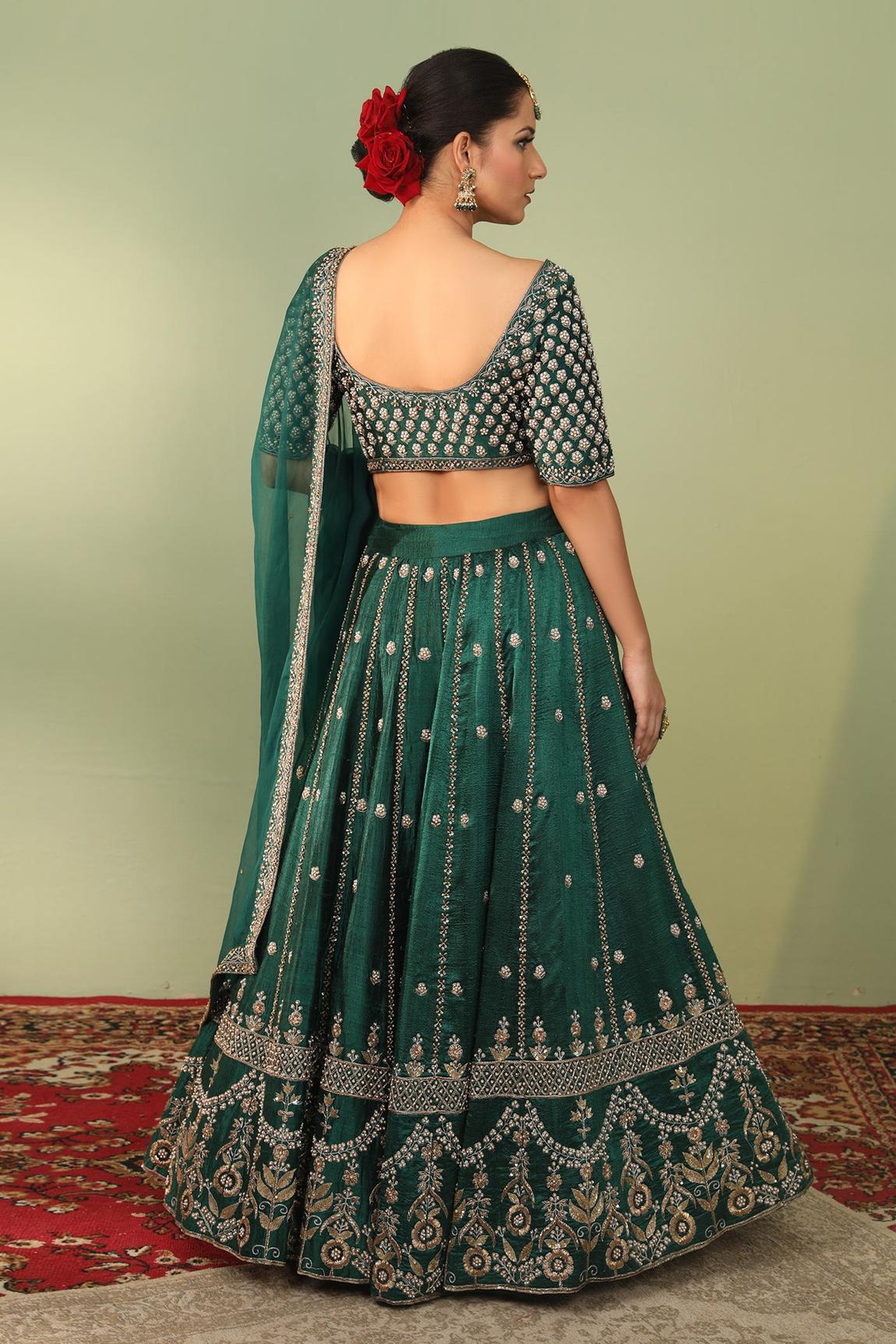 Green Raw Silk Embroidered Lehenga Set