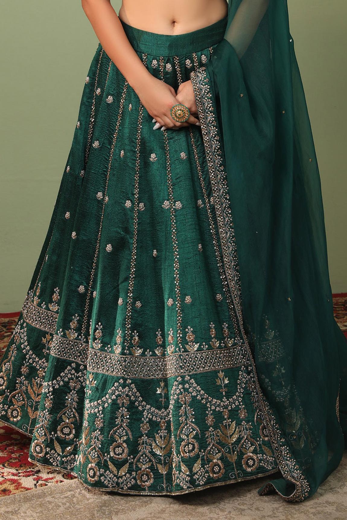 Green Raw Silk Embroidered Lehenga Set