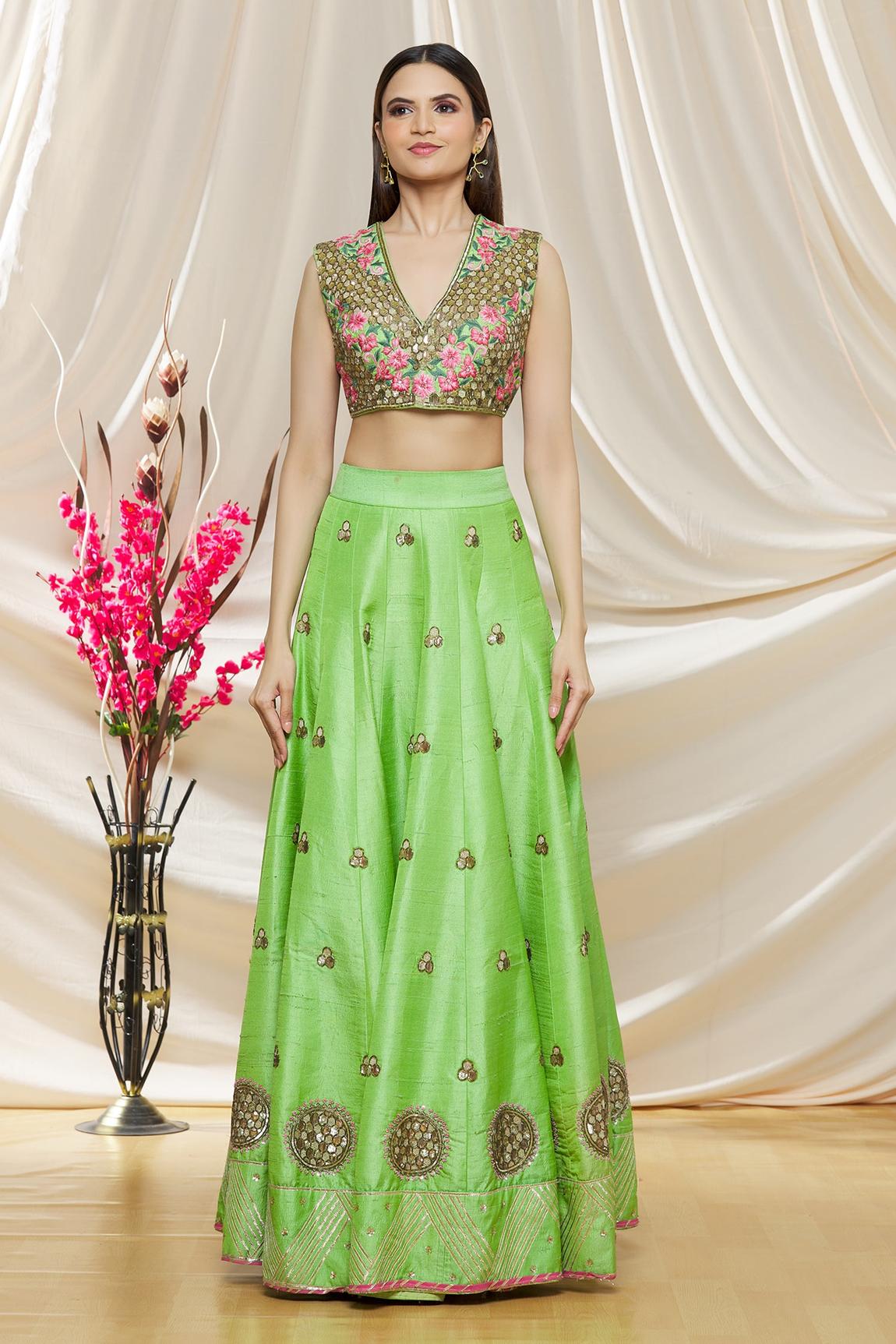 Green Raw Silk Sequin Embroidered Lehenga Set