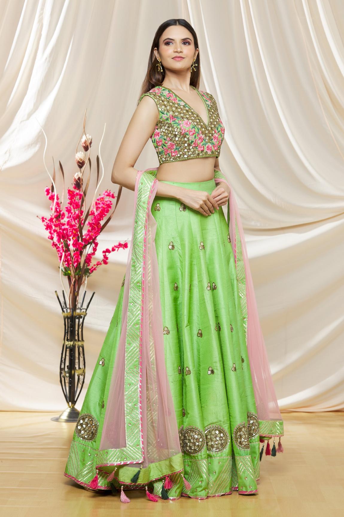 Green Raw Silk Sequin Embroidered Lehenga Set