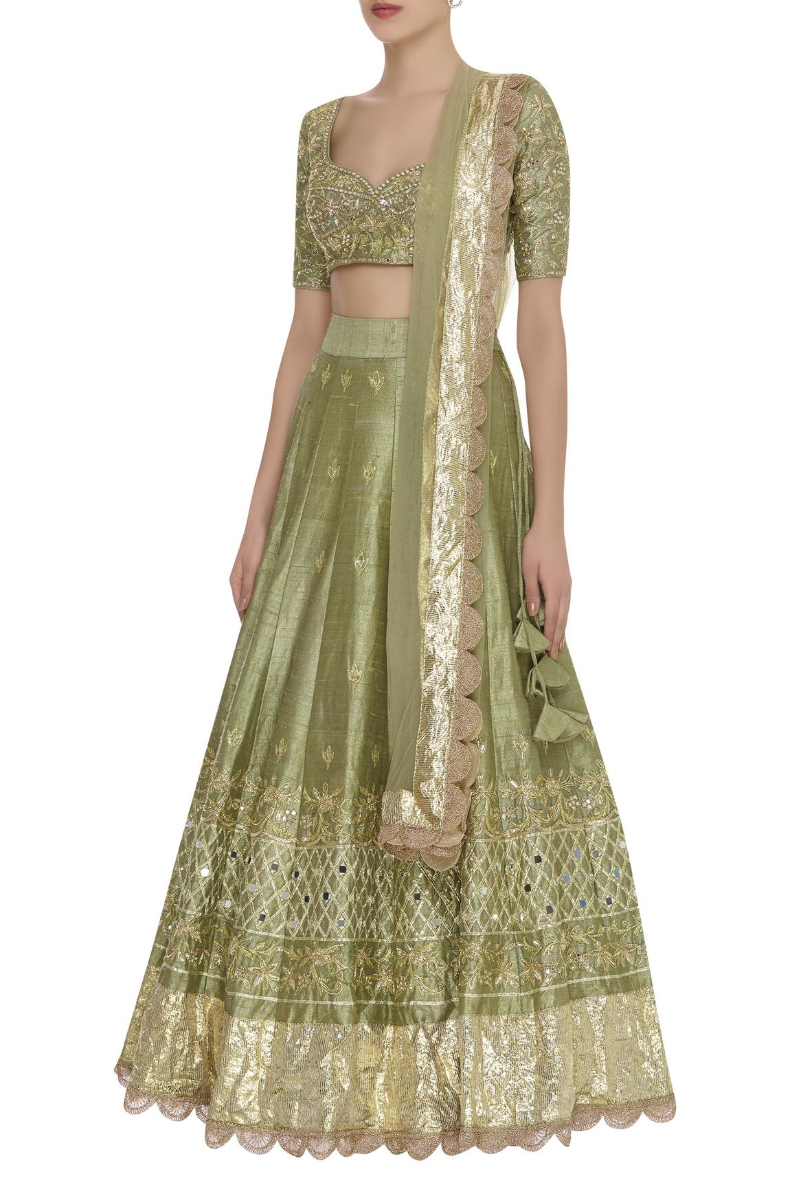 Green Sequin And Dabka Embroidered Lehenga Set