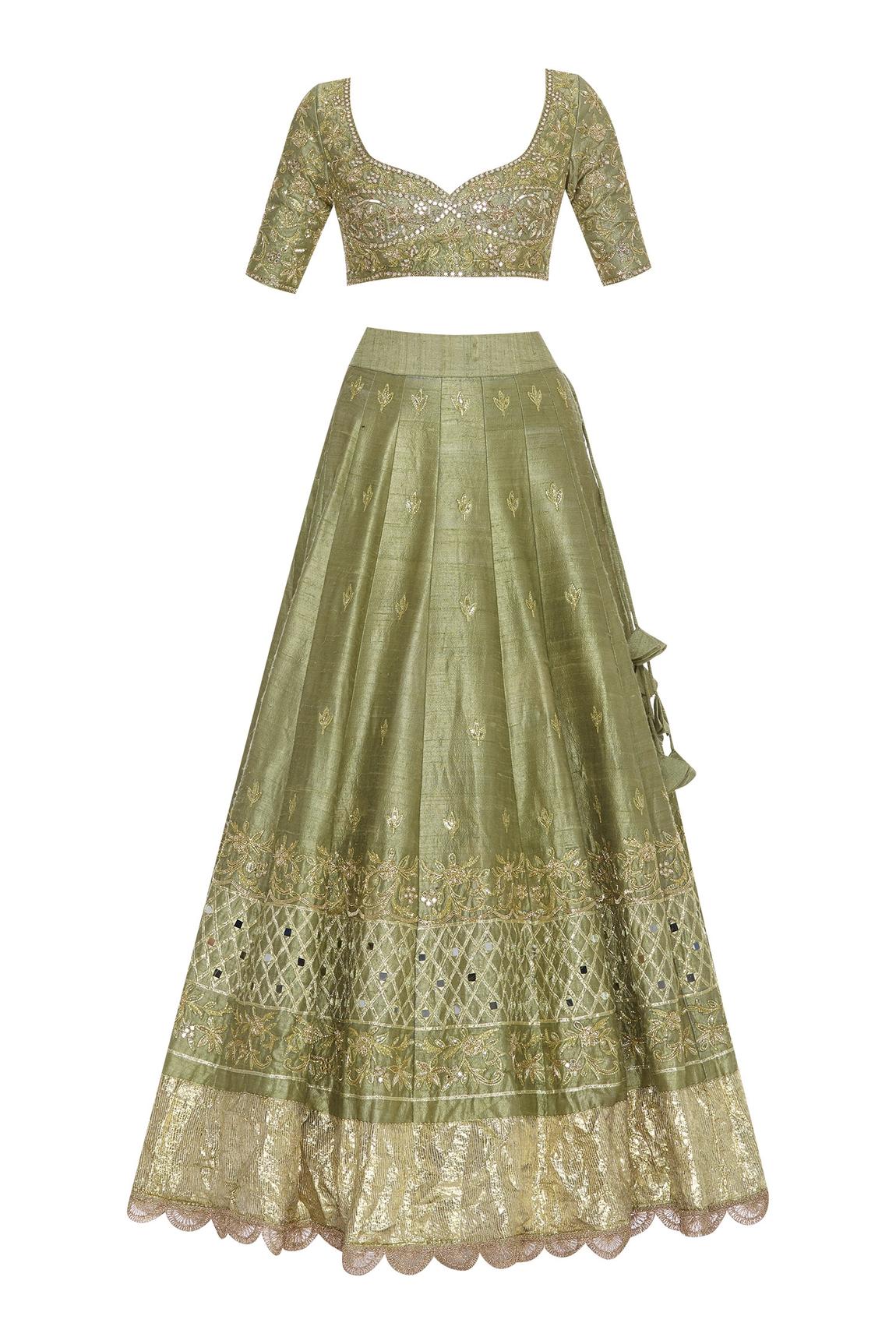 Green Sequin And Dabka Embroidered Lehenga Set