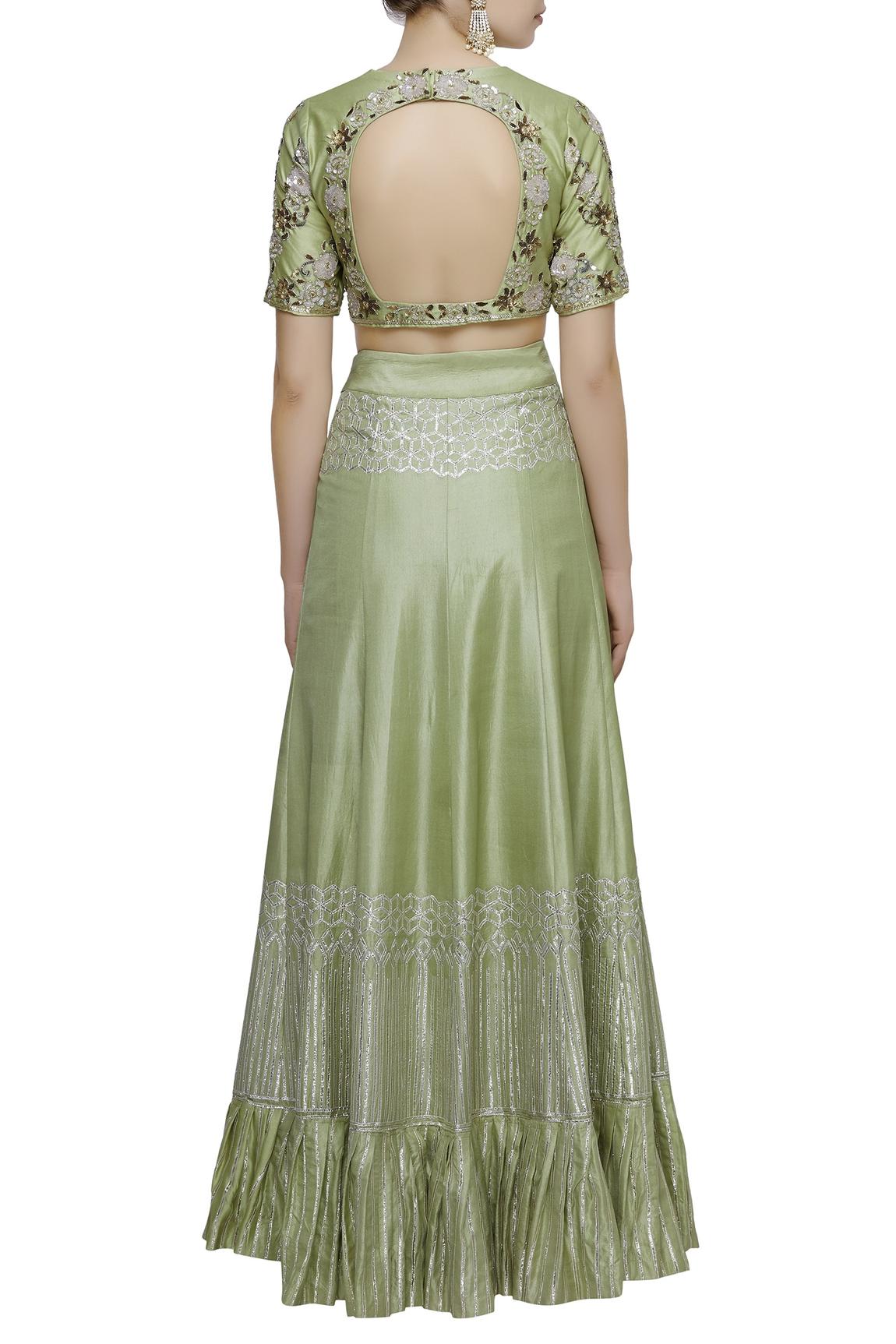 Green Silk Embroidered Lehenga Set