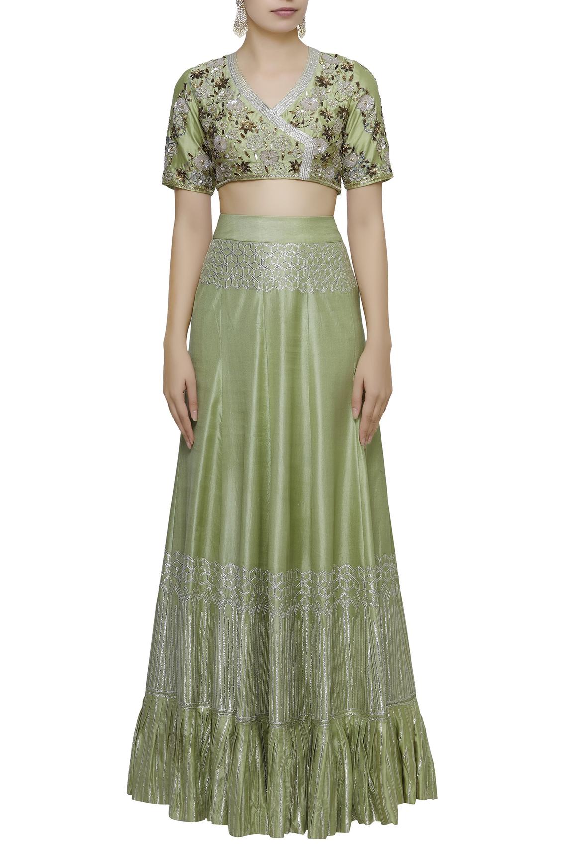 Green Silk Embroidered Lehenga Set