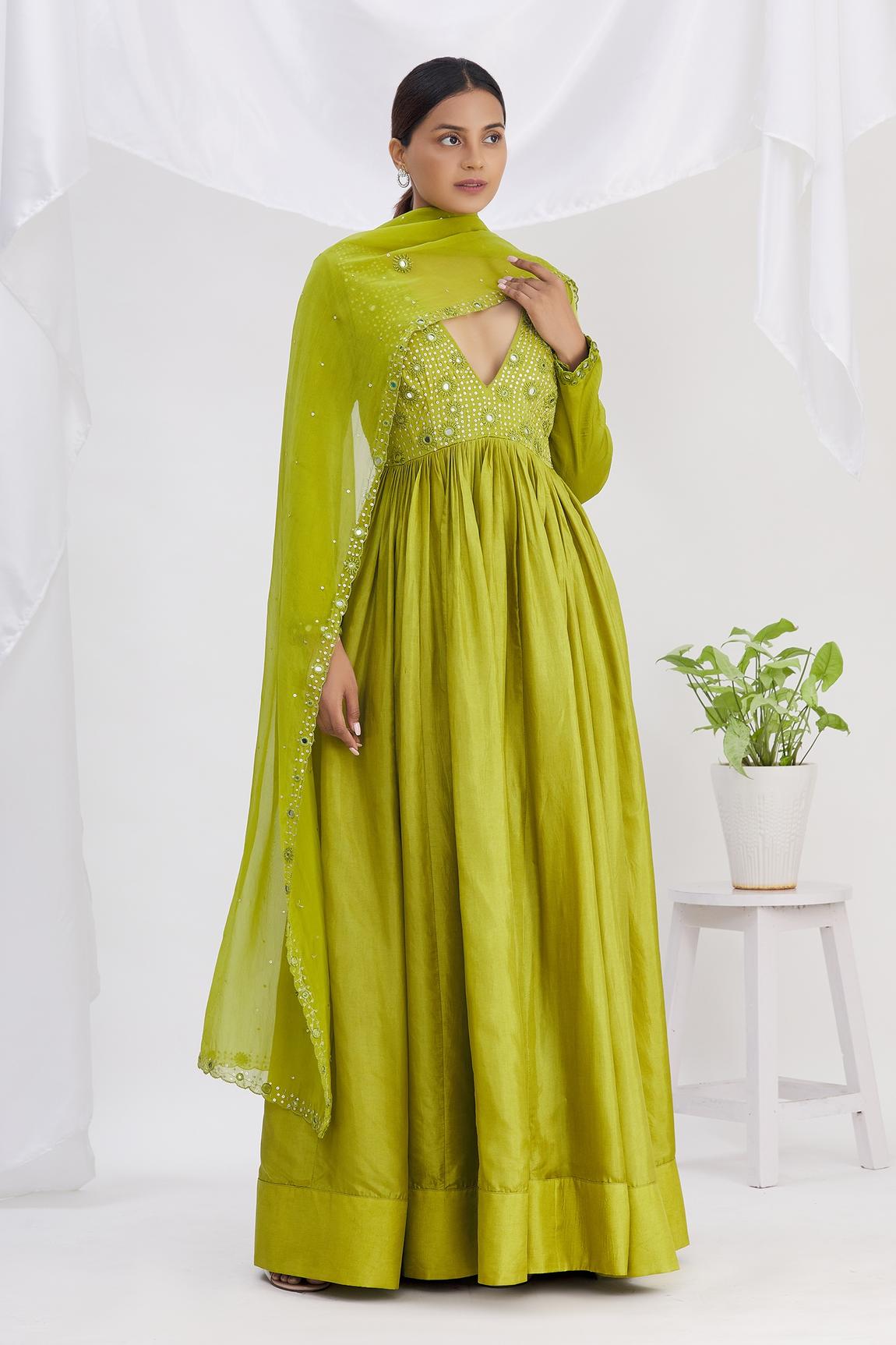 Green Silk Mirror Embroidered Anarkali With Dupatta