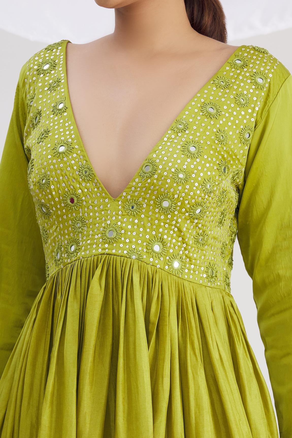 Green Silk Mirror Embroidered Anarkali With Dupatta