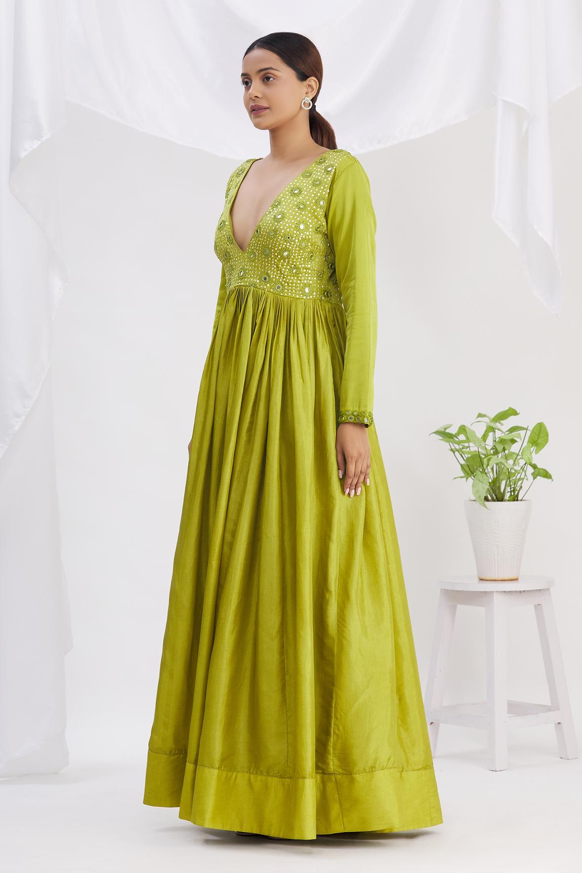 Green Silk Mirror Embroidered Anarkali With Dupatta