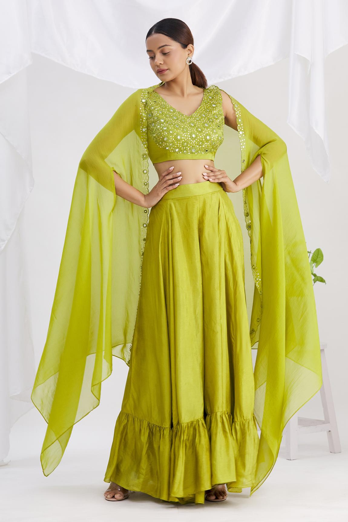 Green Silk Mirror Embroidered Palazzo Set With Cape