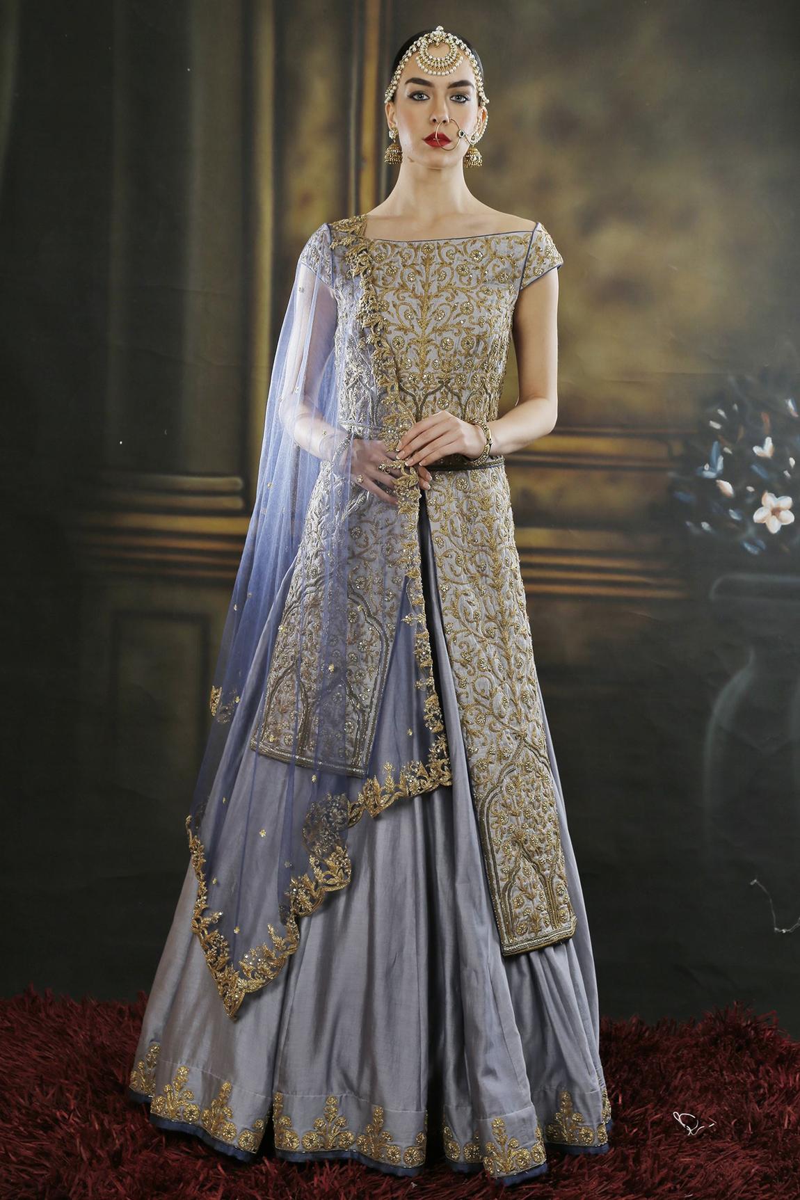 Grey And Blue Embroidered Jacket Lehenga