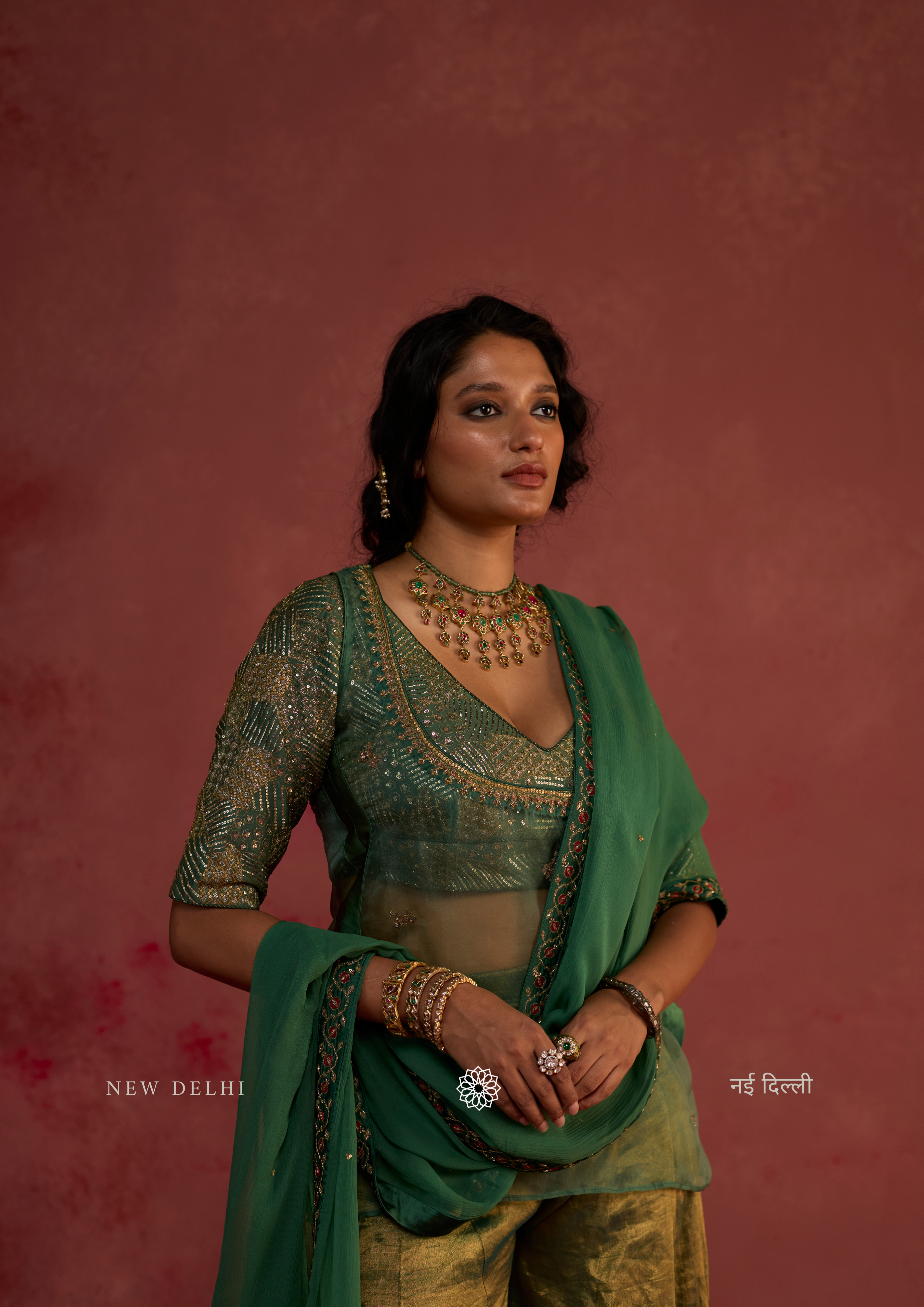 Reisha | Pine Green Tissue Sharara Set with Banarasi Silk Dupatta