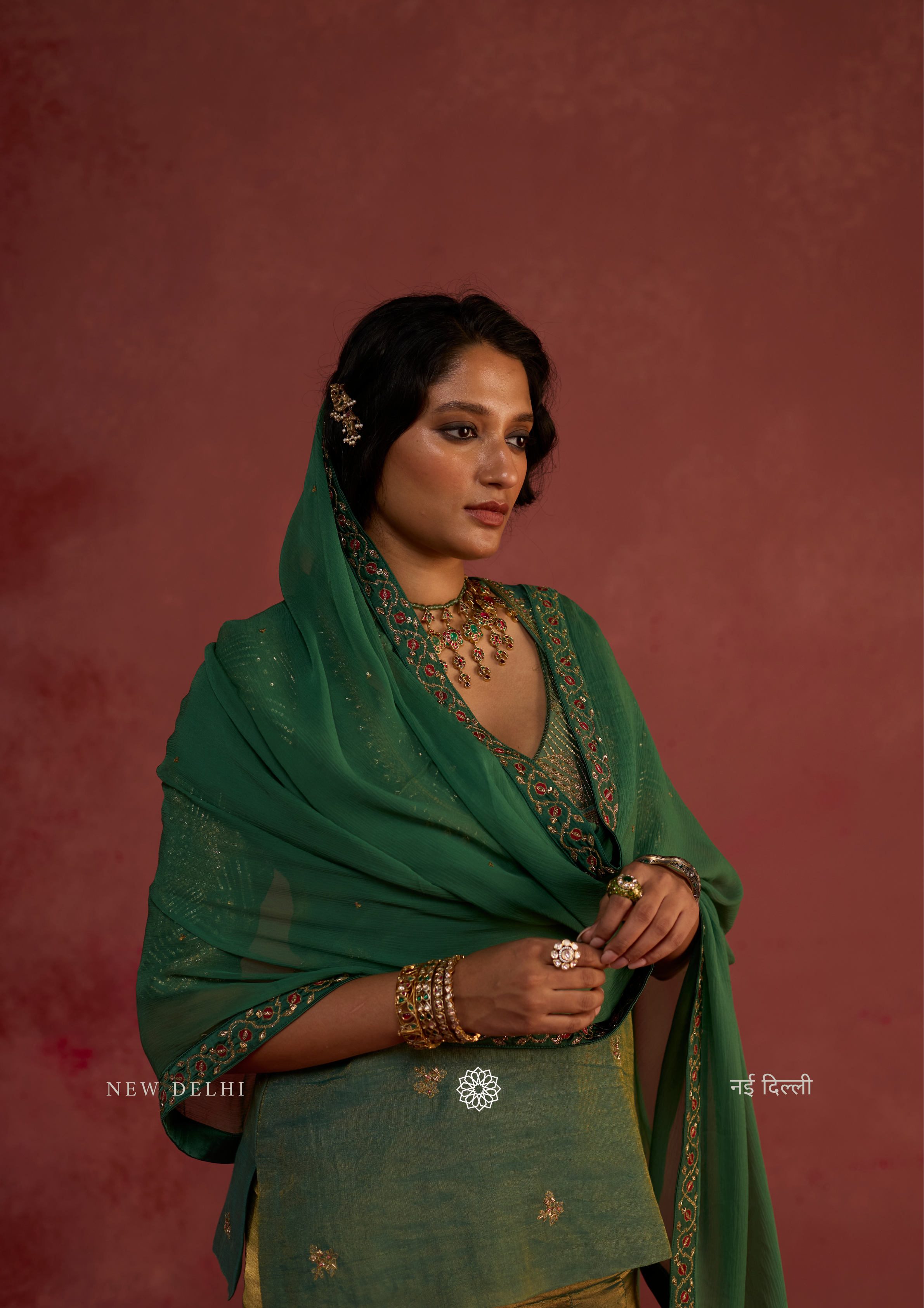 Reisha | Pine Green Tissue Sharara Set with Banarasi Silk Dupatta