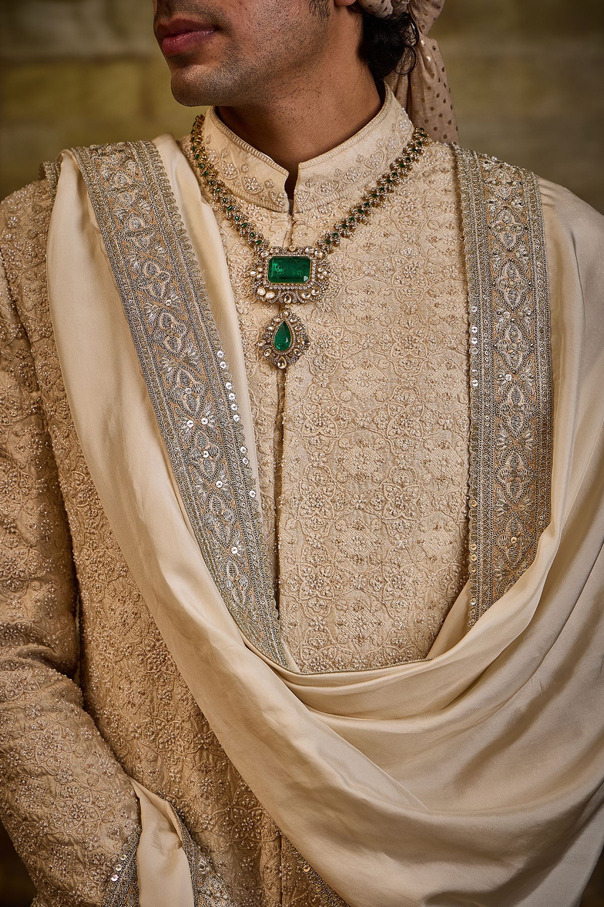 LIGHT BEIGE MORROCAN PATTERN EMBROIDERY SHERWANI SET