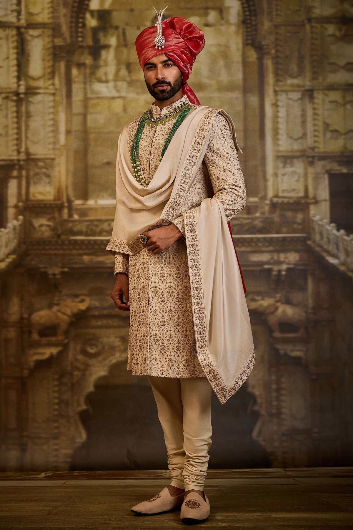 BEIGE RAW SILK SHERWANI KASAB EMBROIDERY