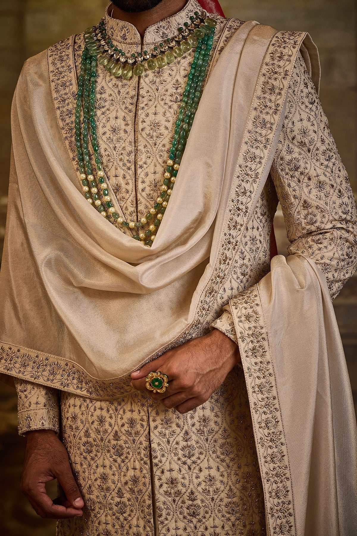 BEIGE RAW SILK SHERWANI KASAB EMBROIDERY