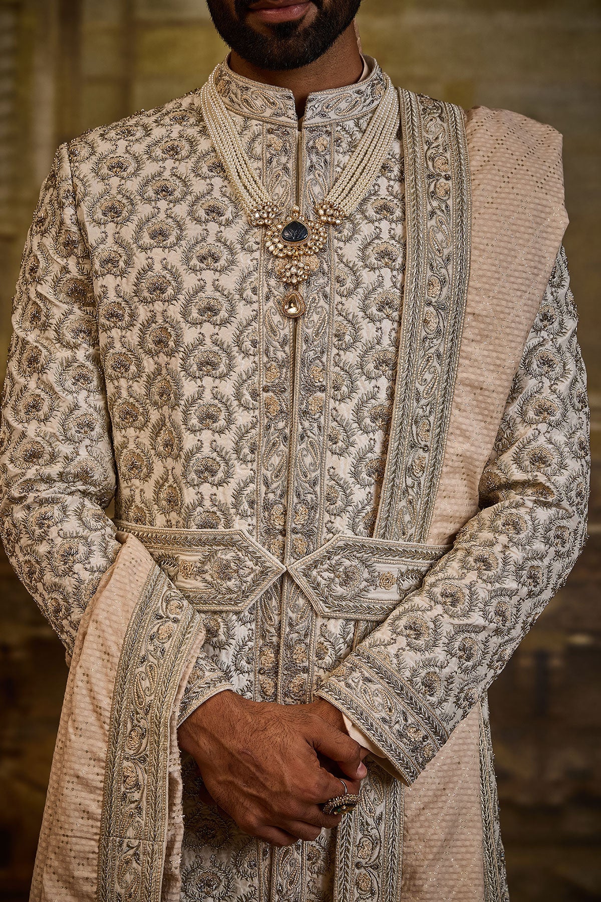 IVORY TAFFETA SILK SHERWANI BEIGE FRENCH KNOTS AND ZARDOZI WORK