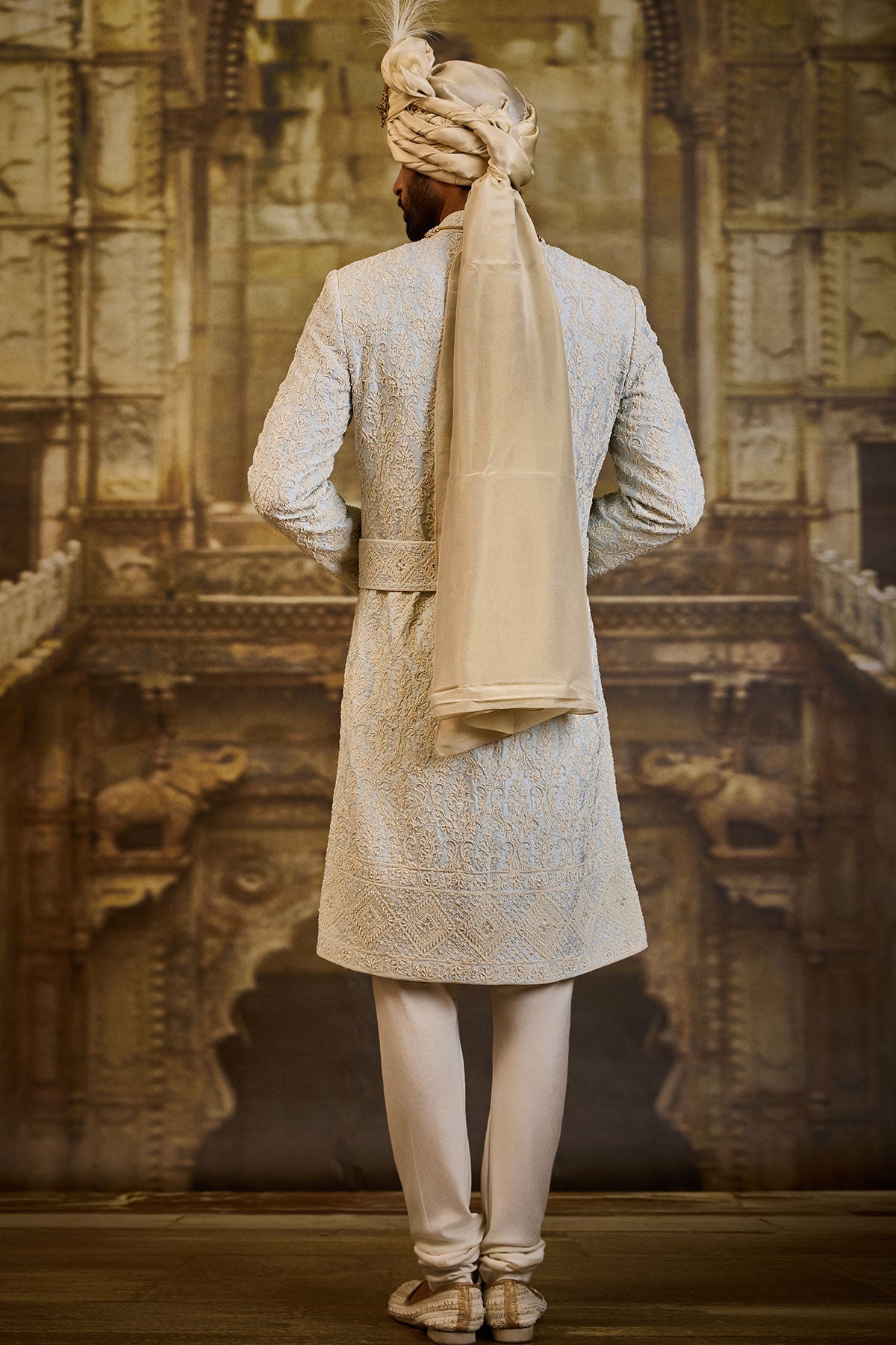 POWDER BLUE TAFFETA SHERWANI SET
