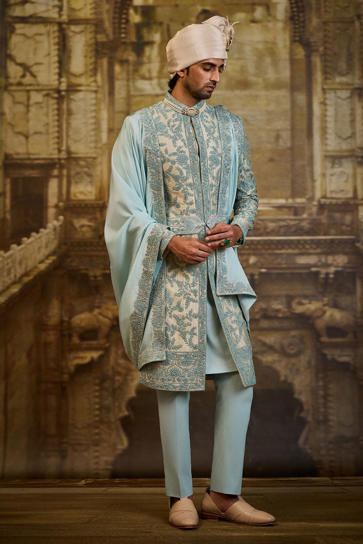 AQUA BROCADE SHERWANI DORI WORK