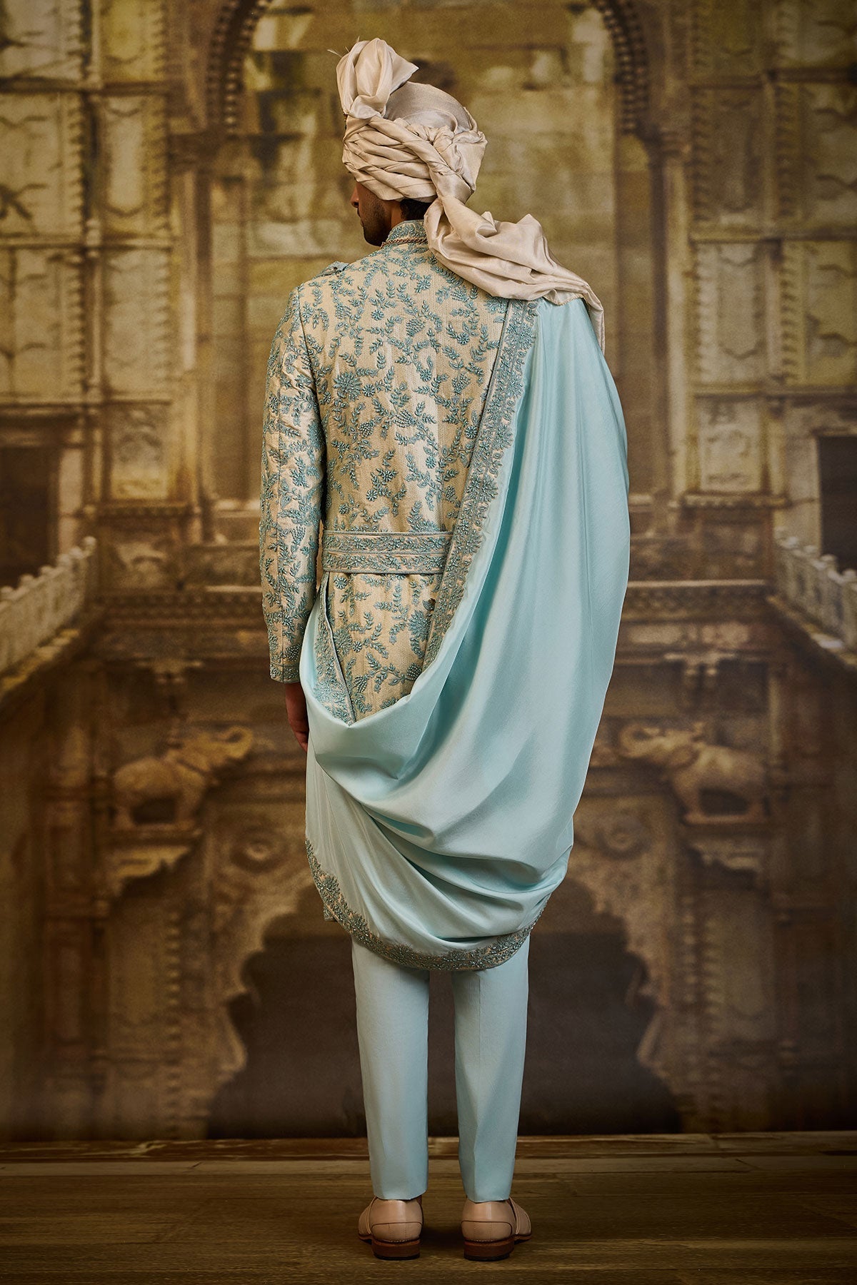 AQUA BROCADE SHERWANI DORI WORK