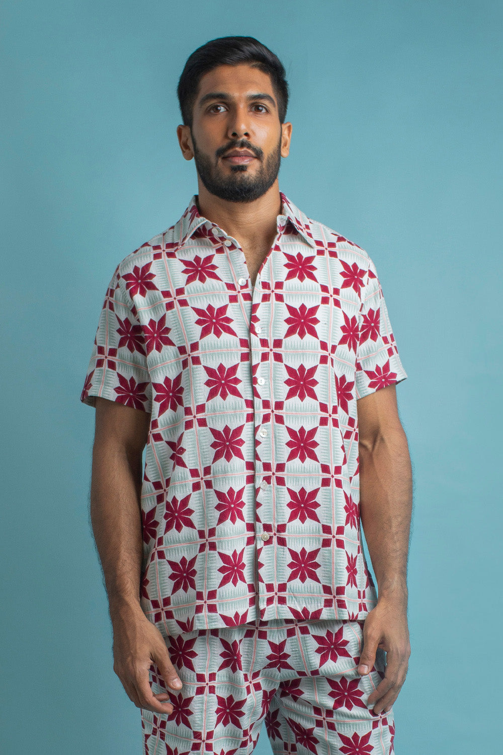 Floral Grid Men's Arka Shirt (Burgundy) - Auraya Fashion -  - #tag1# - #tag2# - #tag3# - #tag3#