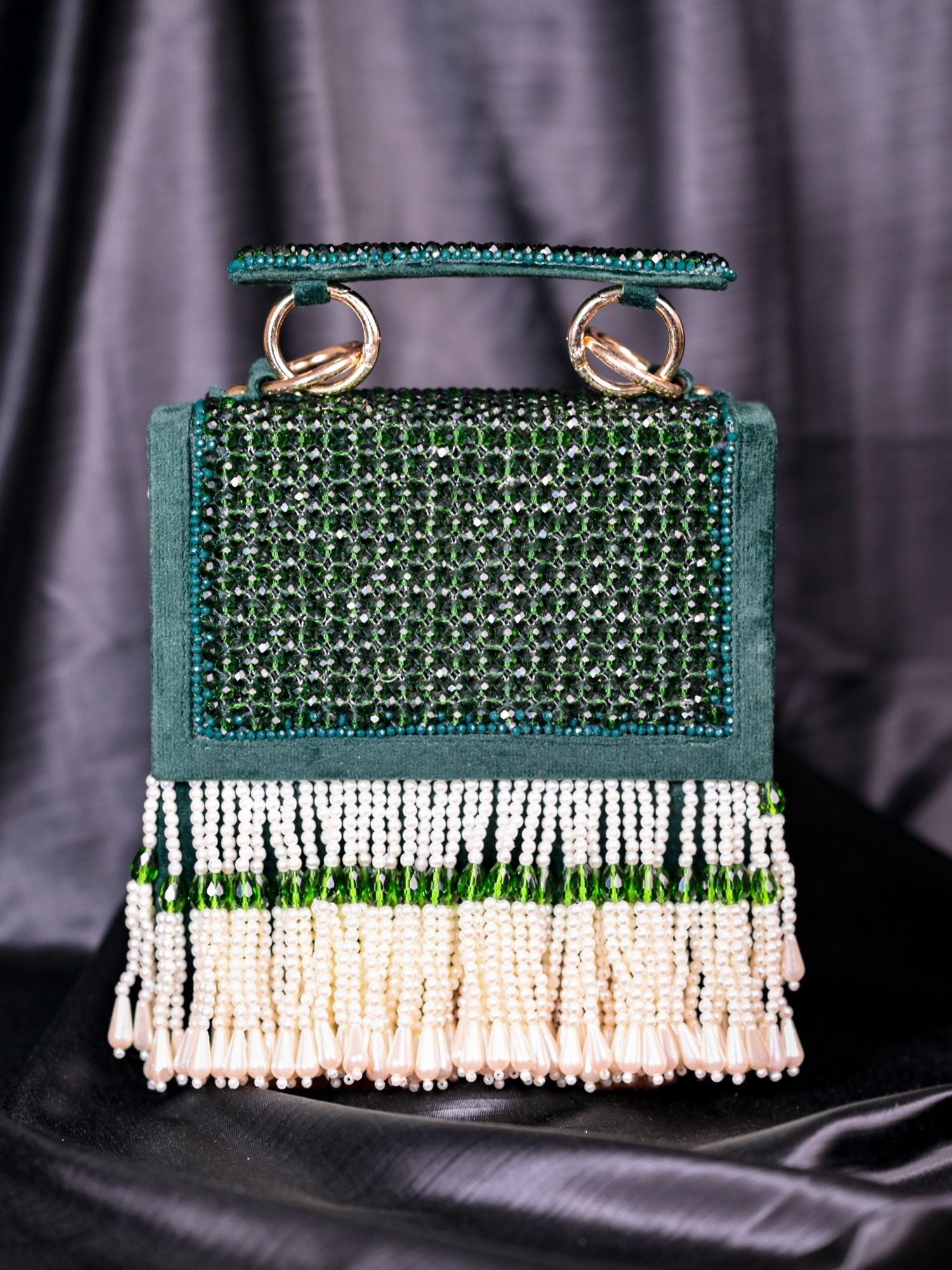 Melody Green Suede Embellished Box Bag With Pearl Drop