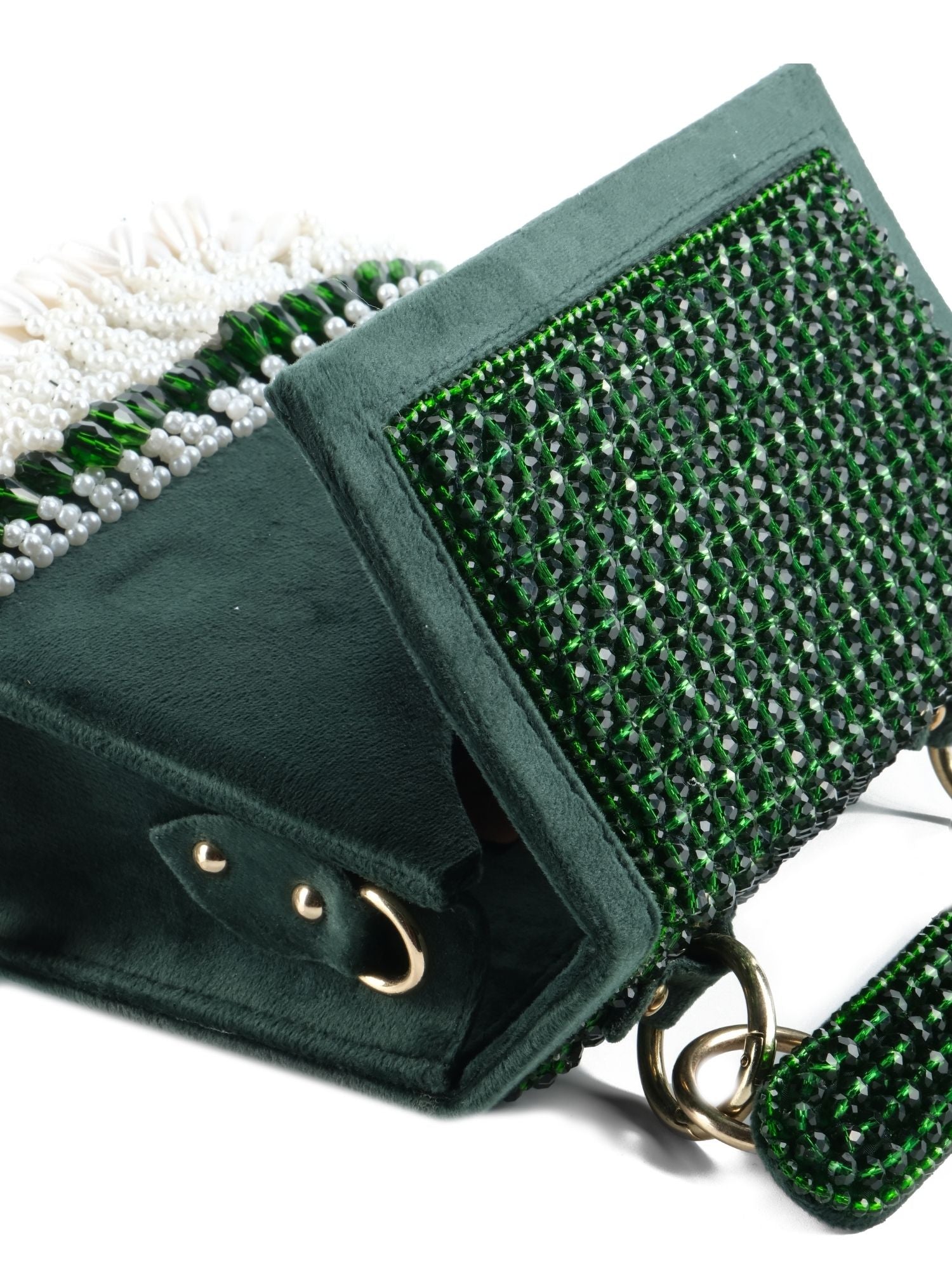 Melody Green Suede Embellished Box Bag With Pearl Drop