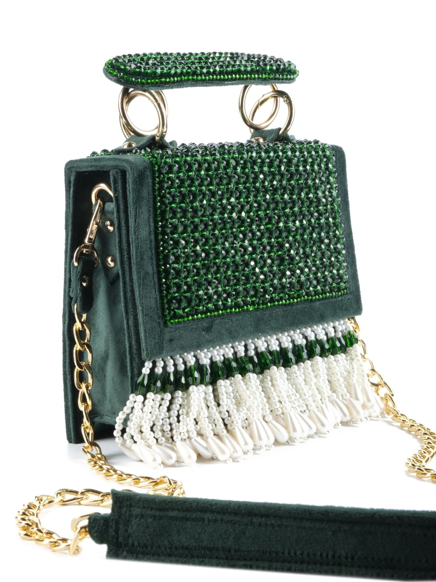 Melody Green Suede Embellished Box Bag With Pearl Drop