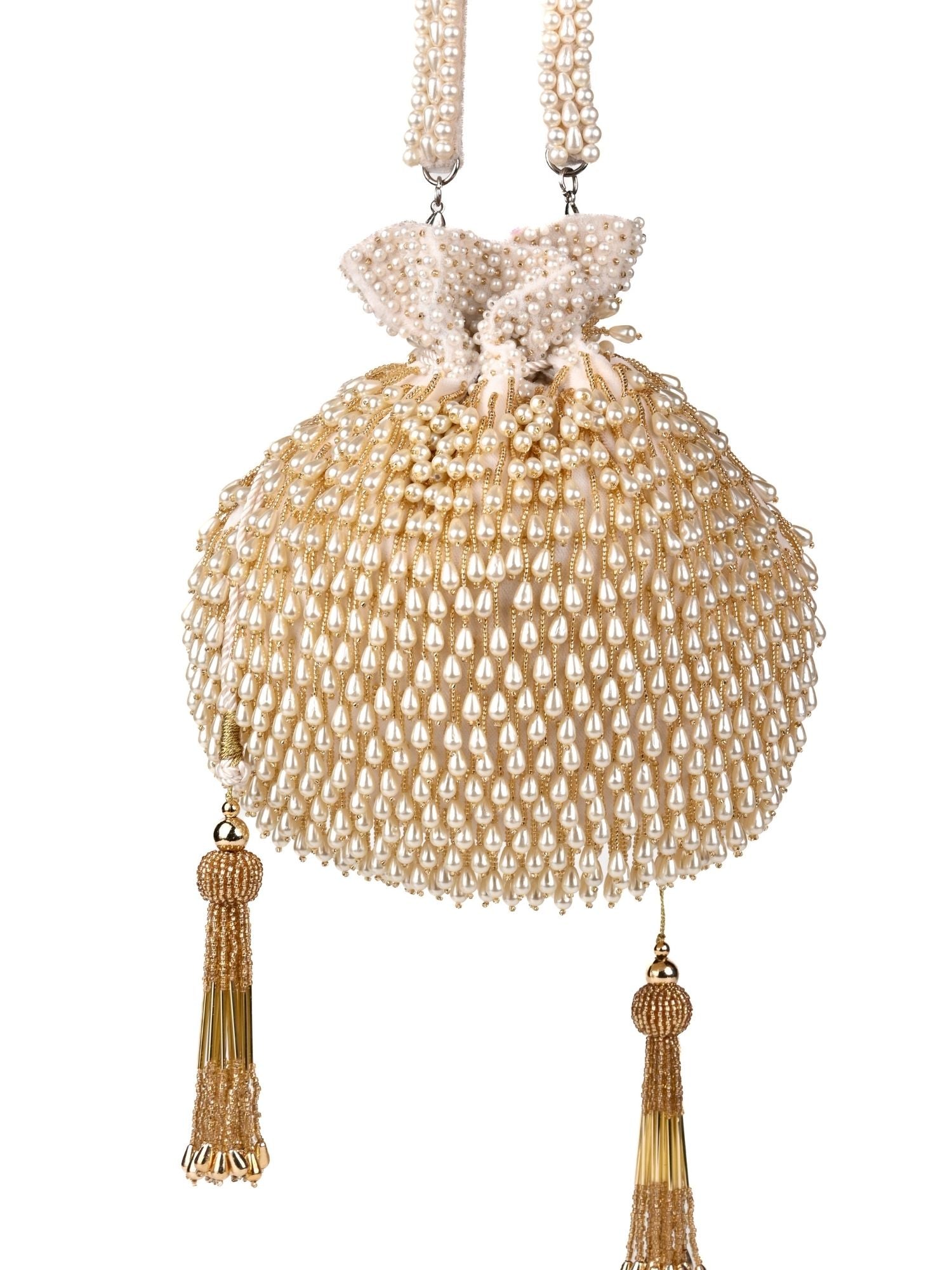 Adara Ivory Suede Potli With Pearl Gold Hanging