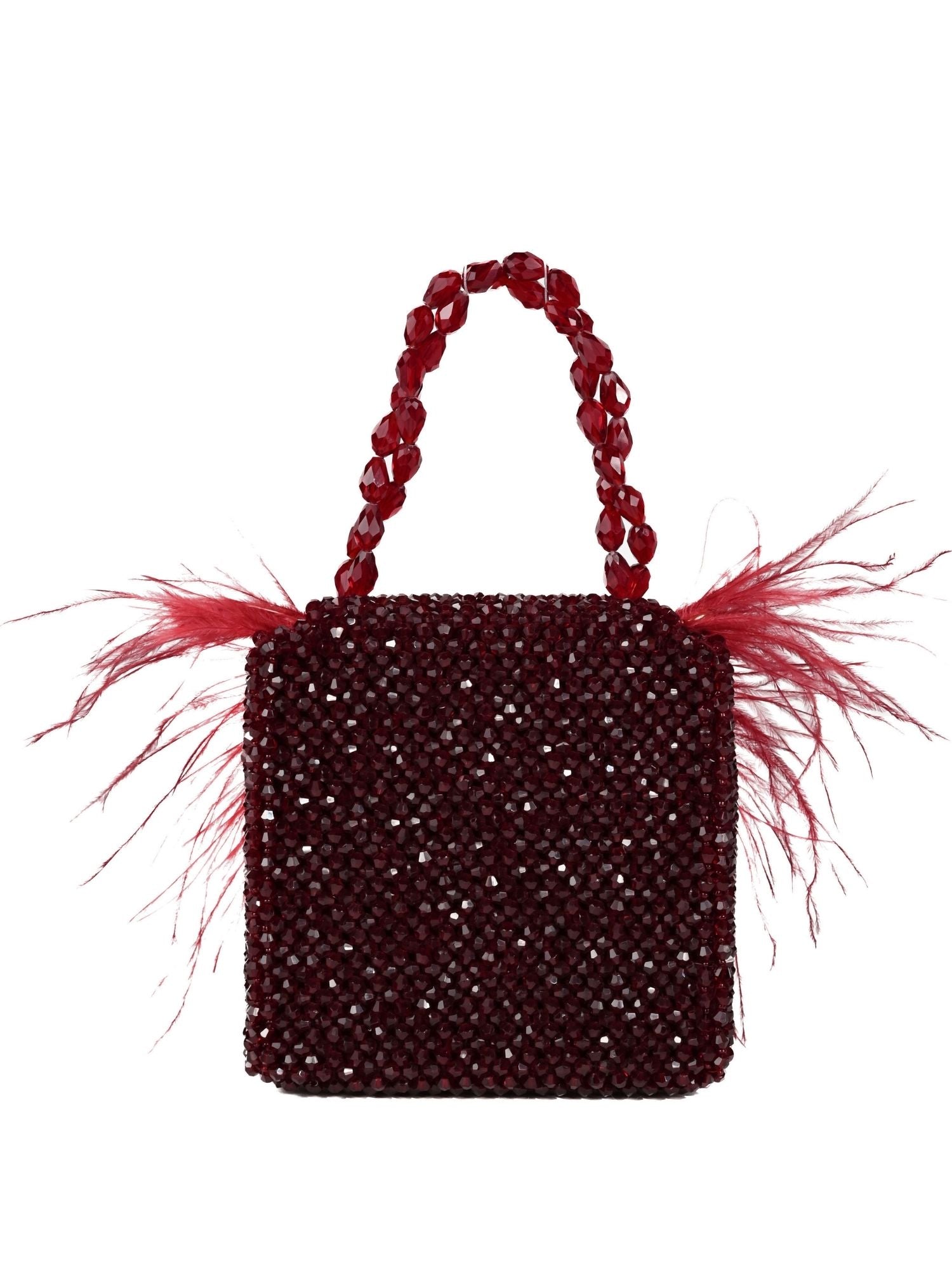 Natali Red Embellished Mini Bag With Feathers