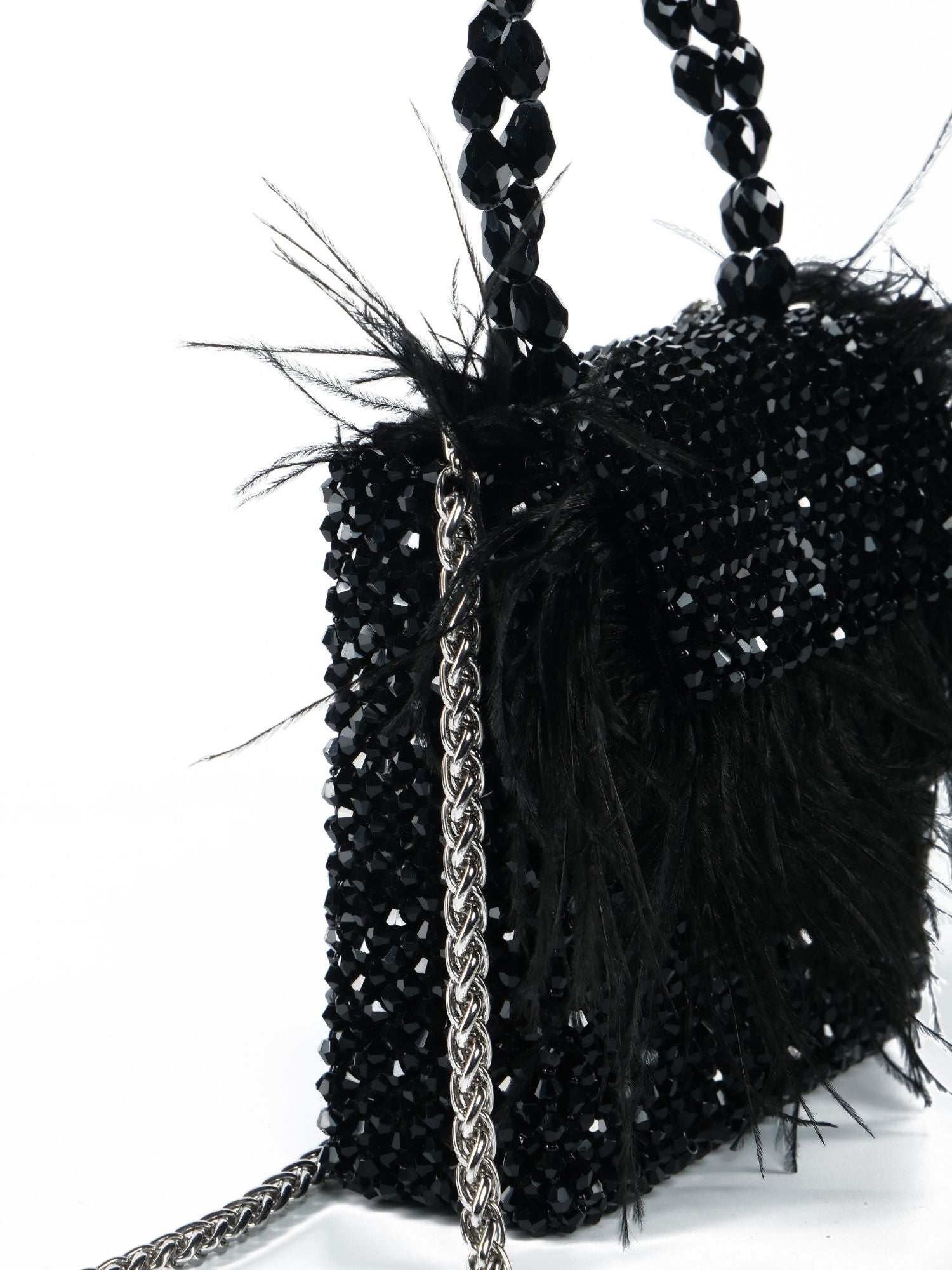 Natali Black Embellished Mini Bag With Feathers