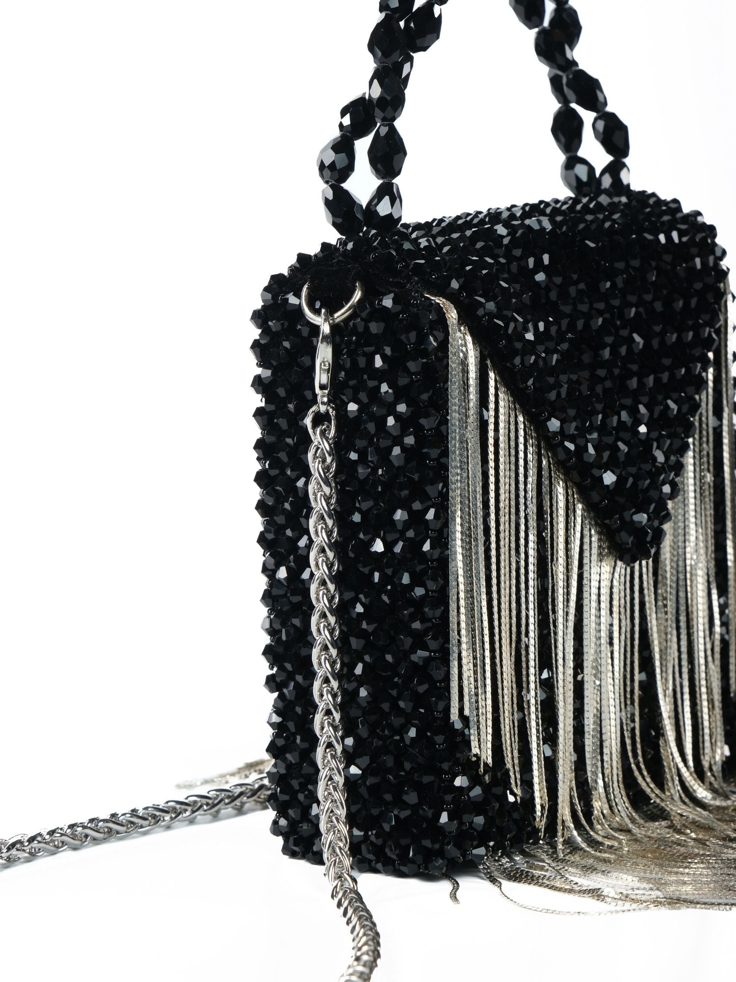 Natali Black Embellished Mini Bag With Silver Chain