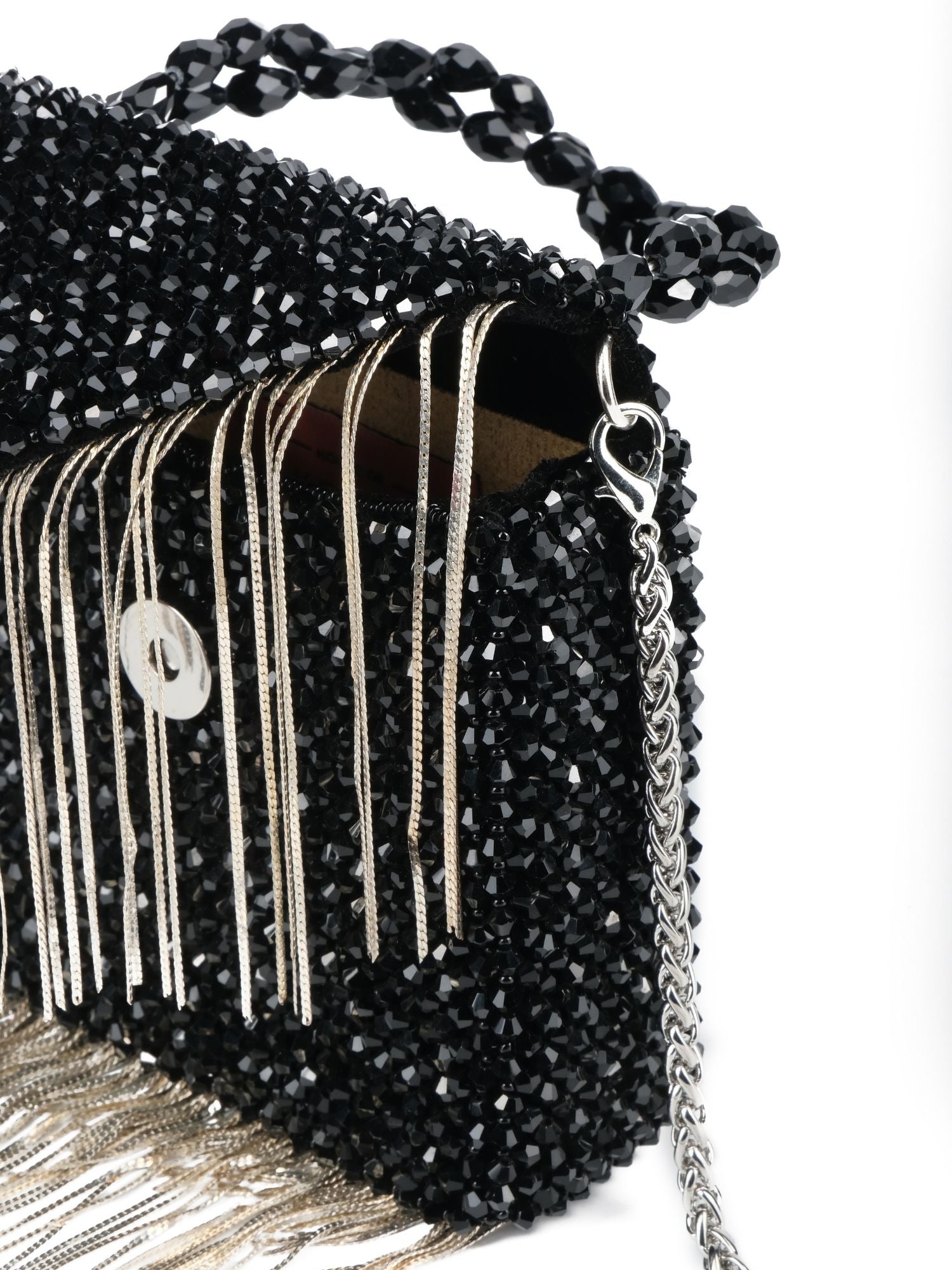 Natali Black Embellished Mini Bag With Silver Chain