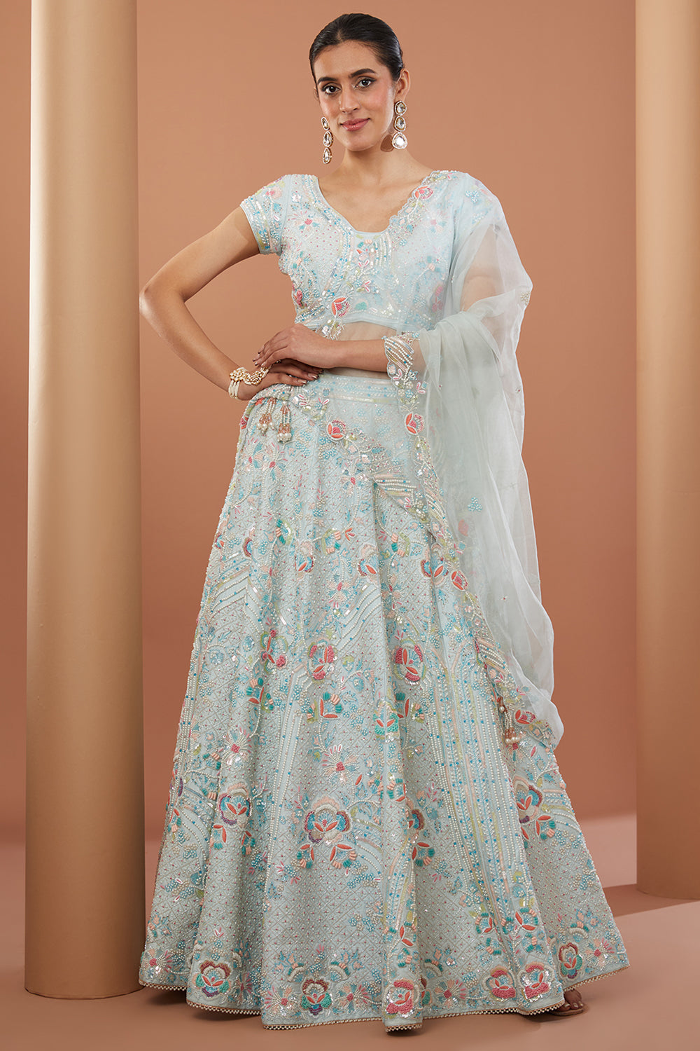 Blue Raw Silk Hand Embroidered Lehanga Set - Auraya Fashion - House of Supriya - 