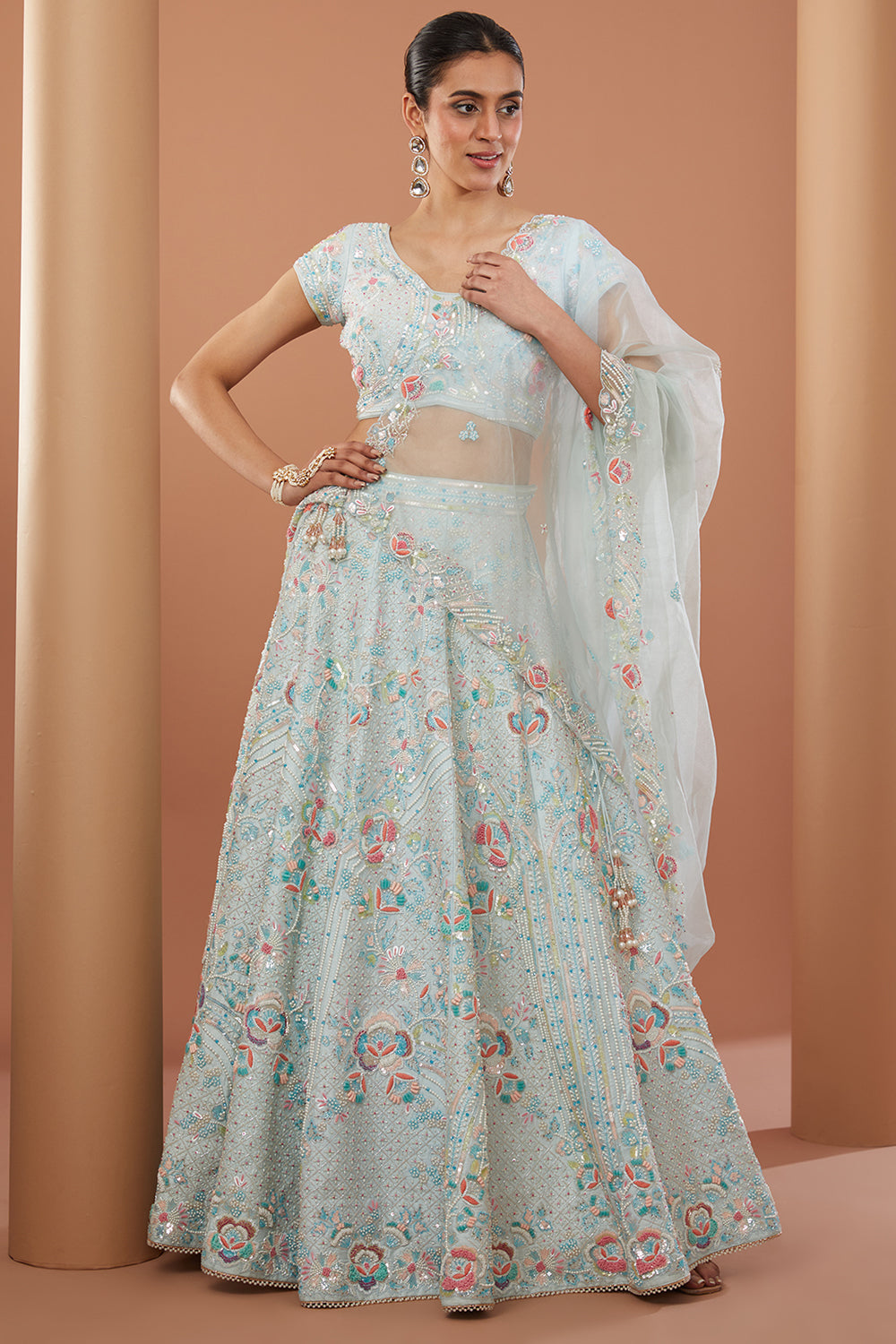 Blue Raw Silk Hand Embroidered Lehanga Set - Auraya Fashion 