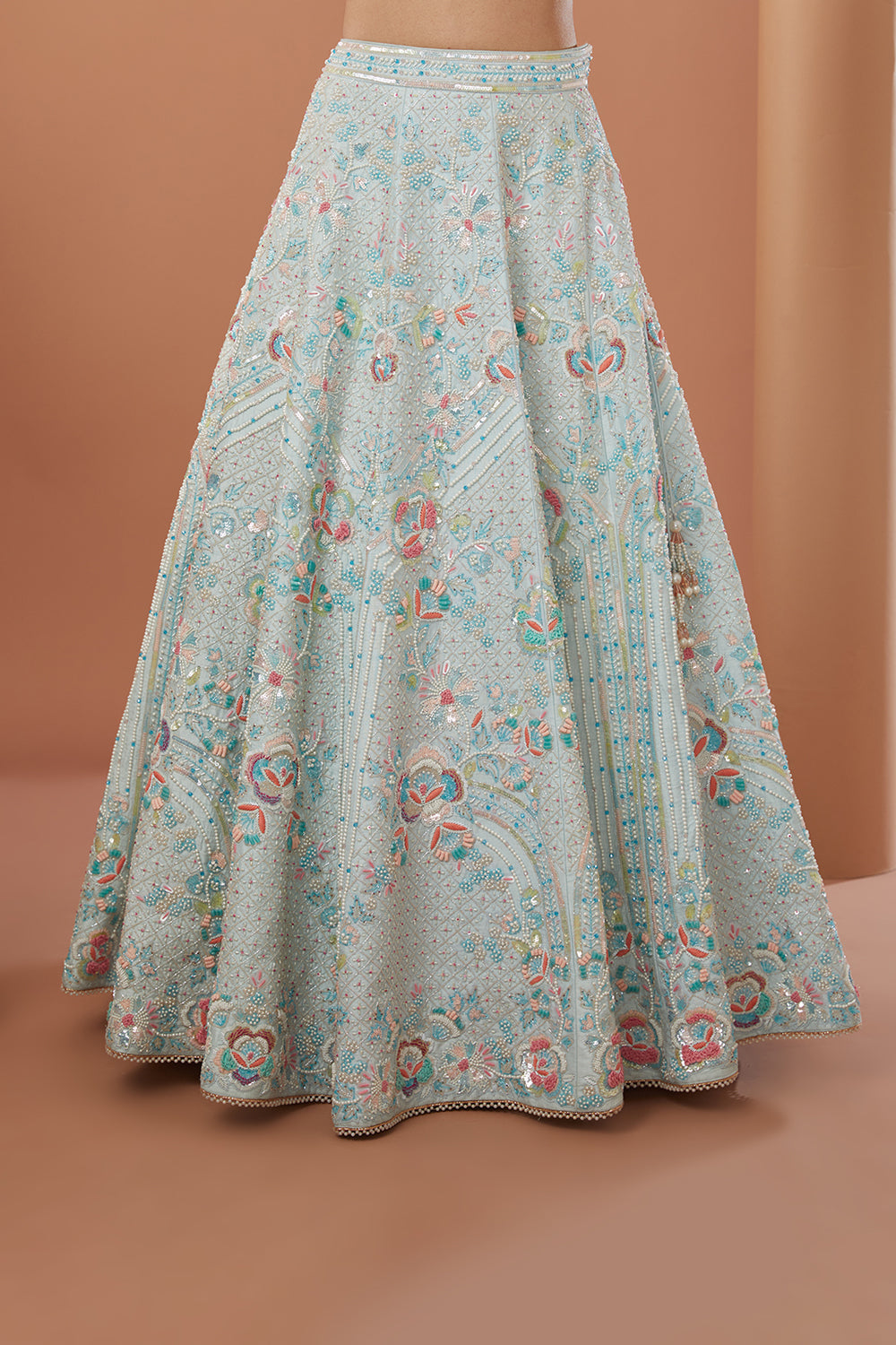 Blue Raw Silk Hand Embroidered Lehanga Set - Auraya Fashion 