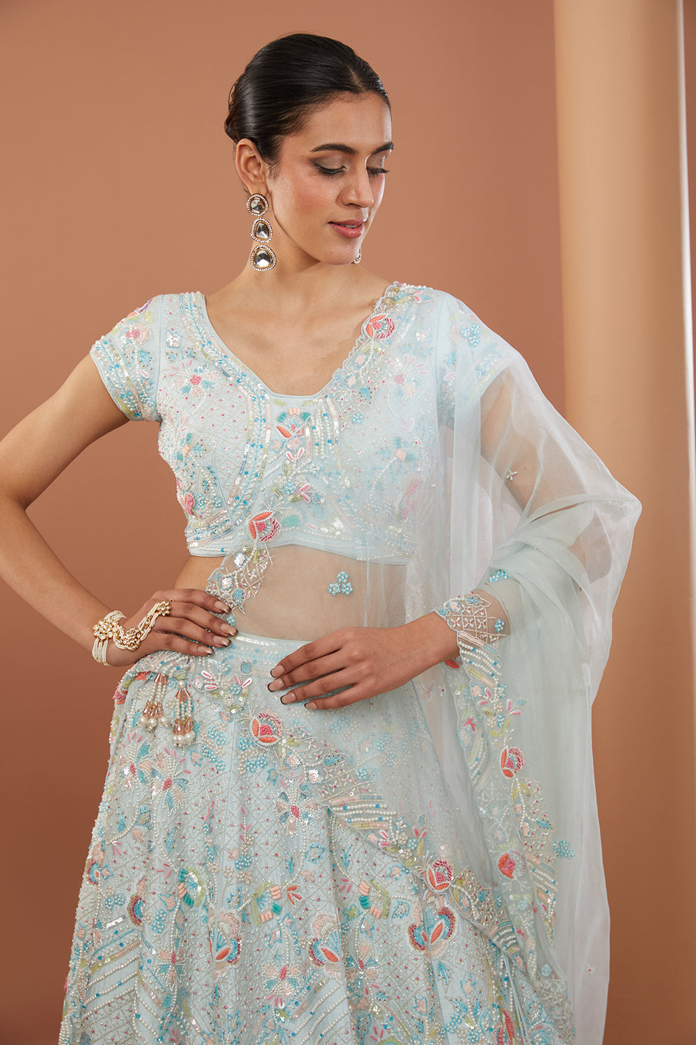 Blue Raw Silk Hand Embroidered Lehanga Set - Auraya Fashion 
