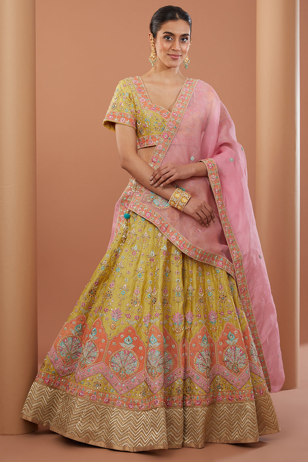 Yellow Raw Silk Hand Embroidered Lehenga Set