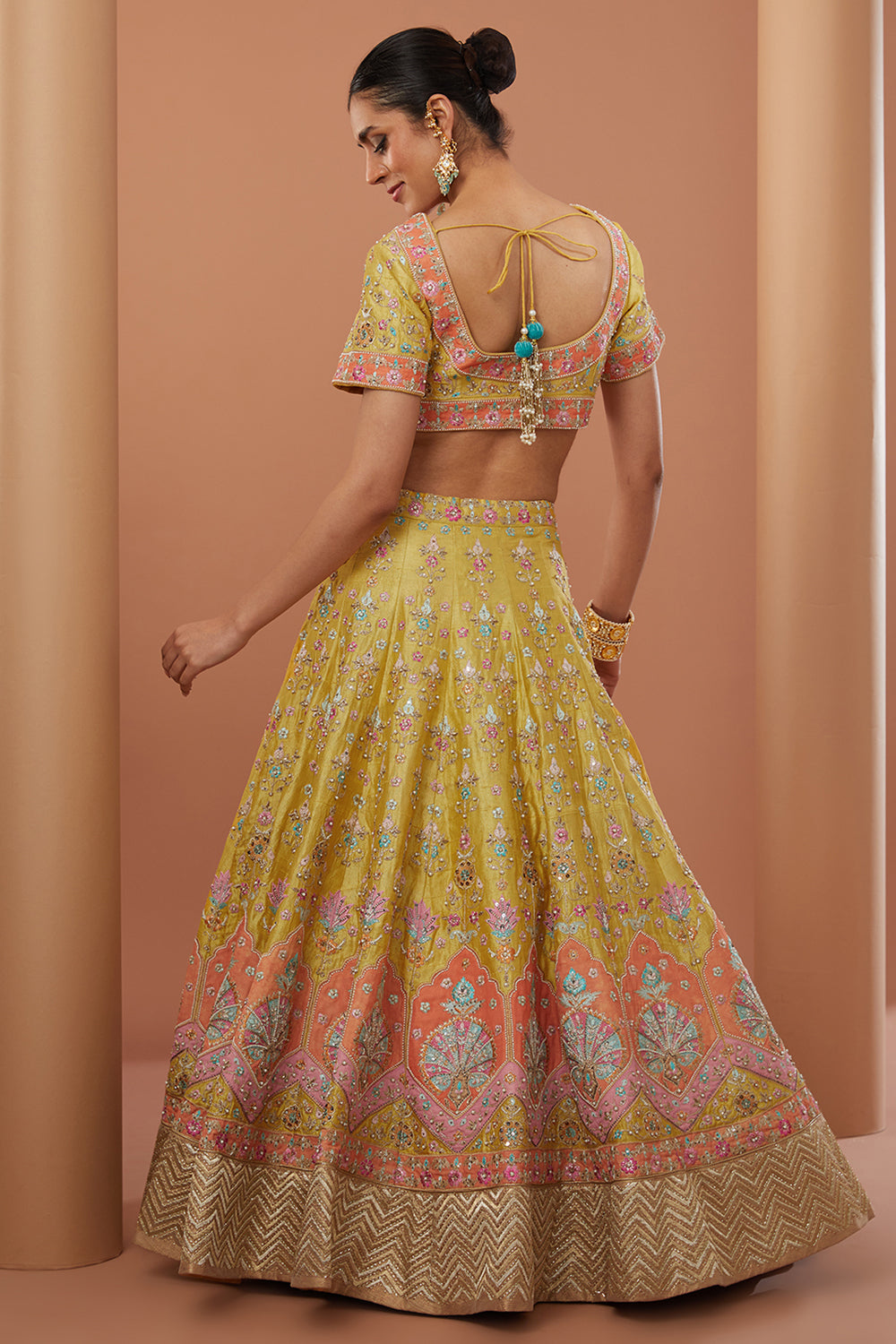 Yellow Raw Silk Hand Embroidered Lehenga Set