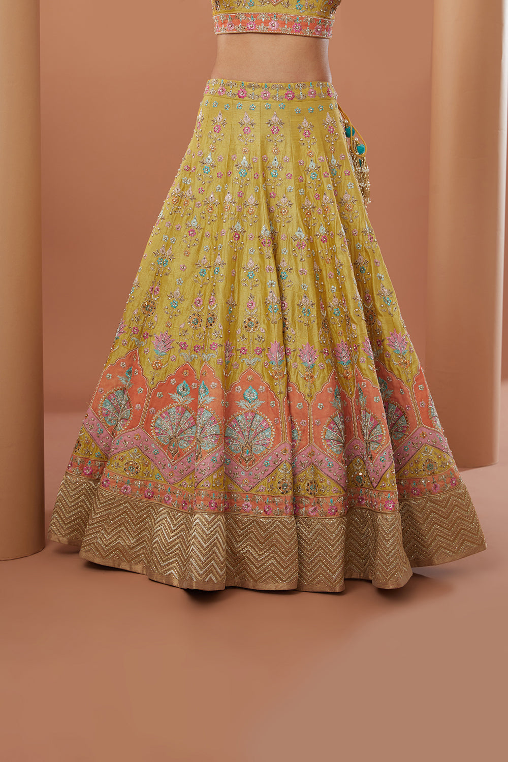 Yellow Raw Silk Hand Embroidered Lehenga Set