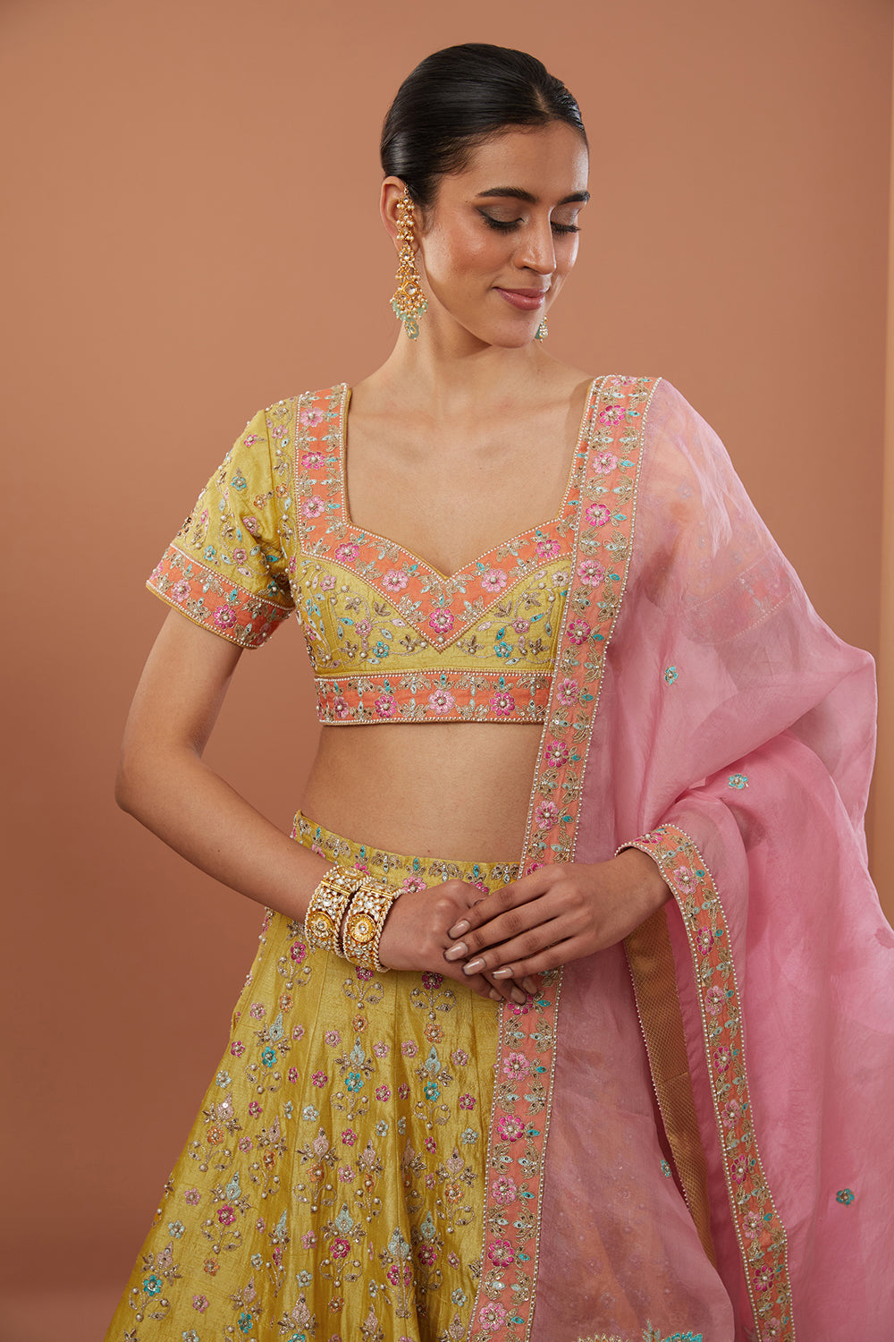 Yellow Raw Silk Hand Embroidered Lehenga Set