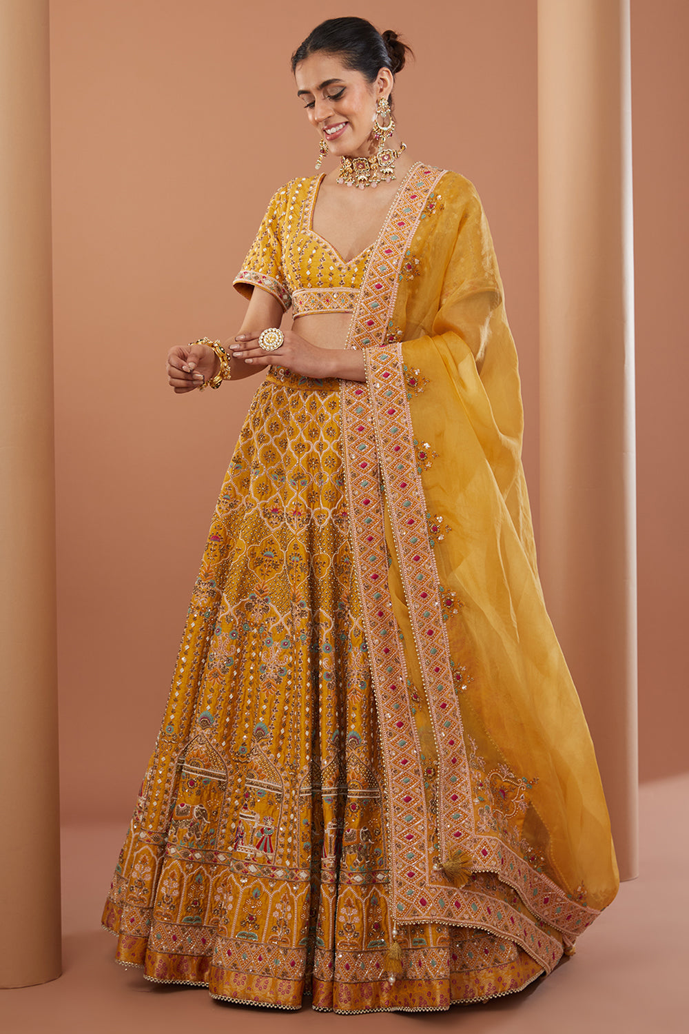 Yellow Raw Silk Hand Embroidered Lehenga Set