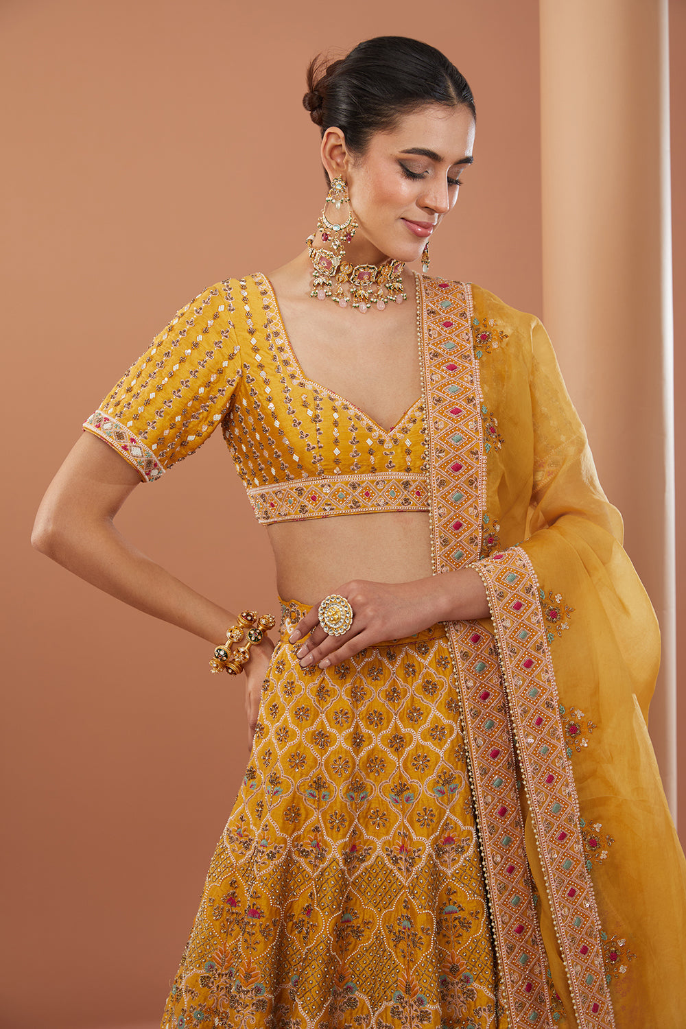 Yellow Raw Silk Hand Embroidered Lehenga Set