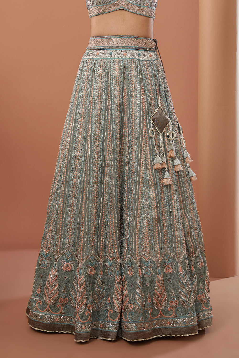 Grey Organza Tissue Hand Embroidered Lehanga Set - Auraya Fashion 