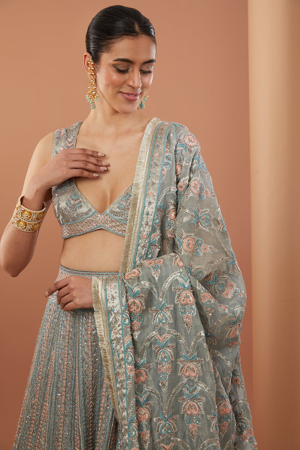 Grey Organza Tissue Hand Embroidered Lehanga Set - Auraya Fashion 