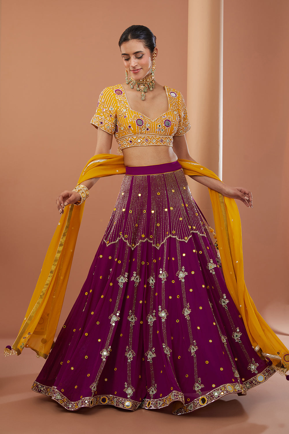 Maroon Georgette Hand Embroidered Lehanga Set - Auraya Fashion 