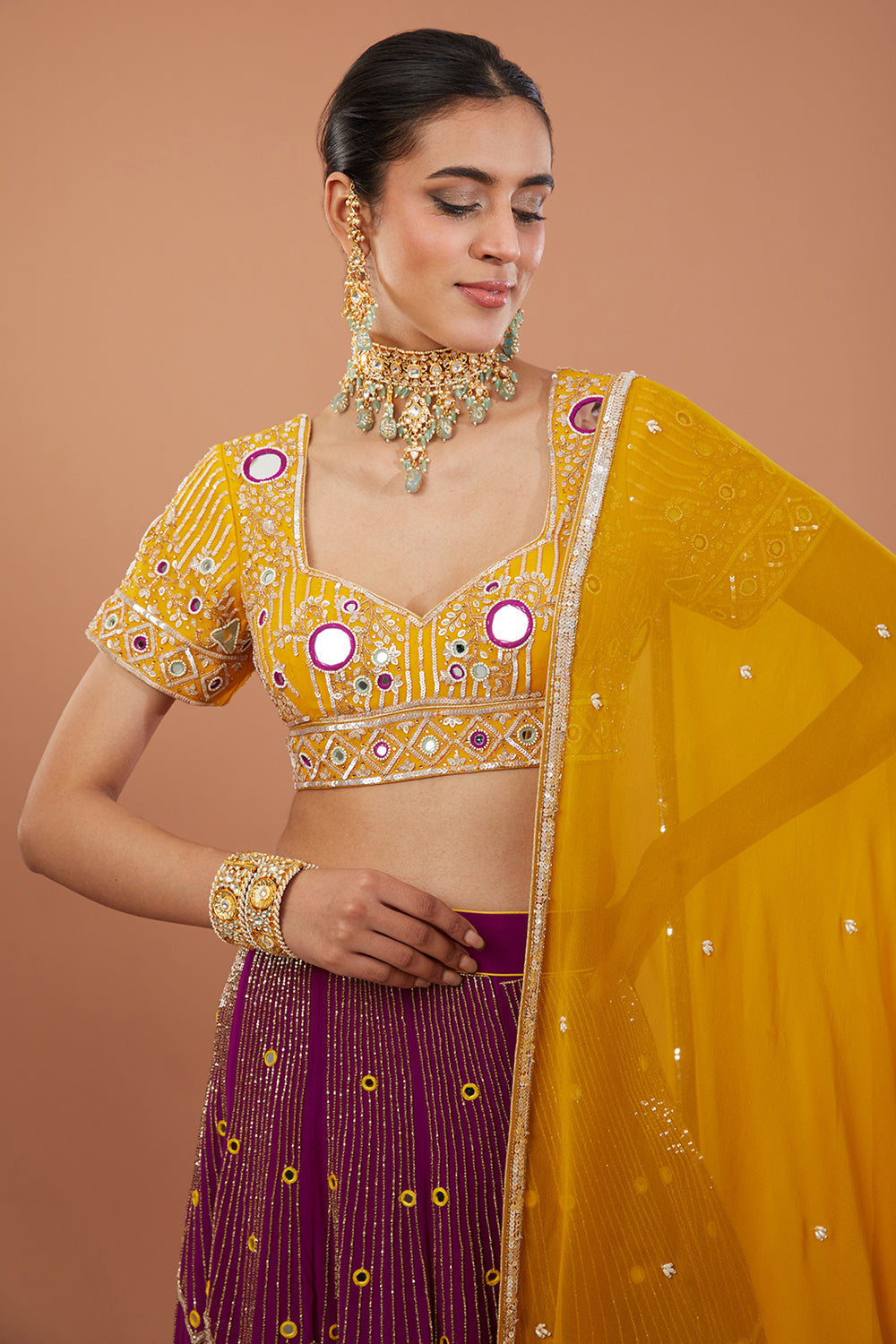 Maroon Georgette Hand Embroidered Lehanga Set - Auraya Fashion 