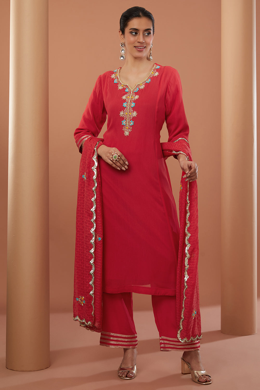 Red Georgette Hand Embroidered Kurta Suit Set - Auraya Fashion - House of Supriya - #tag1# - #tag2# - #tag3# - #tag3#