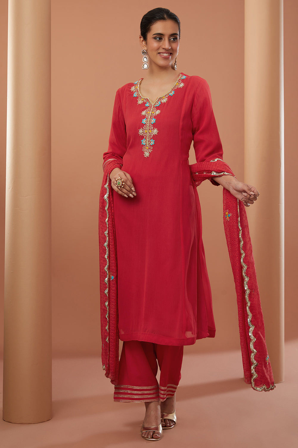 Red Georgette Hand Embroidered Kurta Suit Set - Auraya Fashion -  - #tag1# - #tag2# - #tag3# - #tag3#